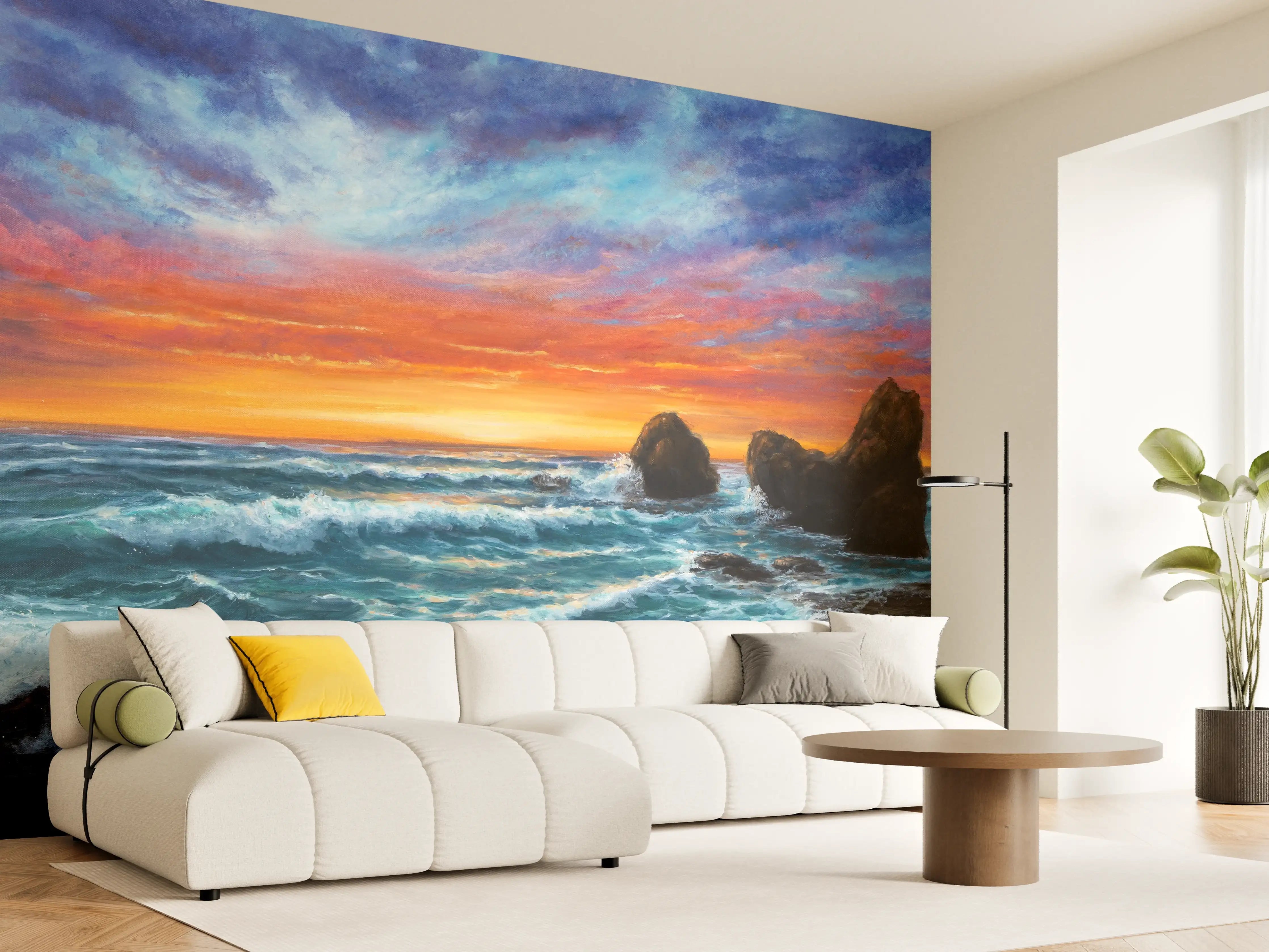 Wandverkleidung Wohnzimmer - Beeindruckendes Meerespanorama bei Sonnenuntergang