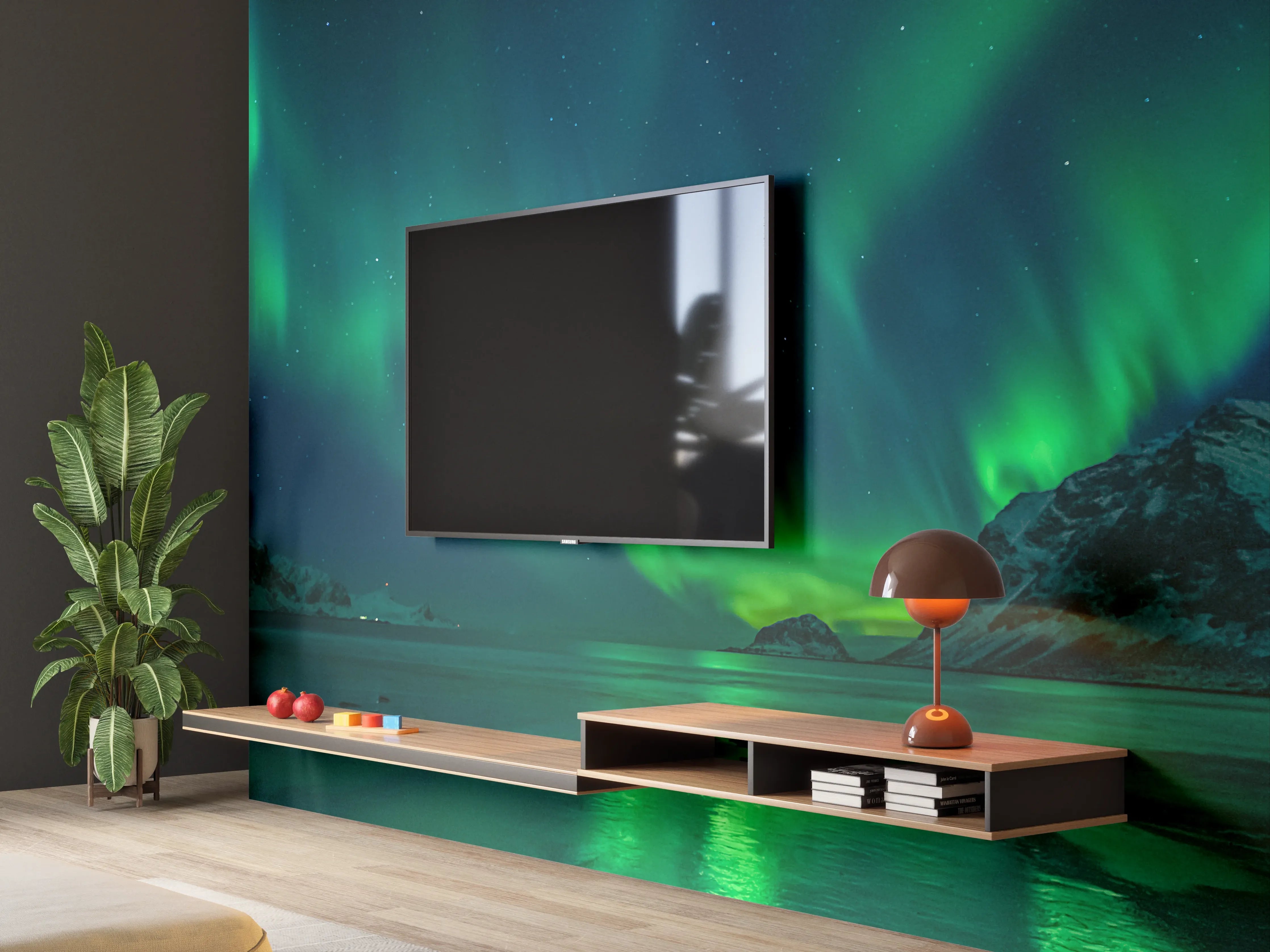 Wandverkleidung Wohnzimmer - Beeindruckendes Nordlicht über arktischer Landschaft