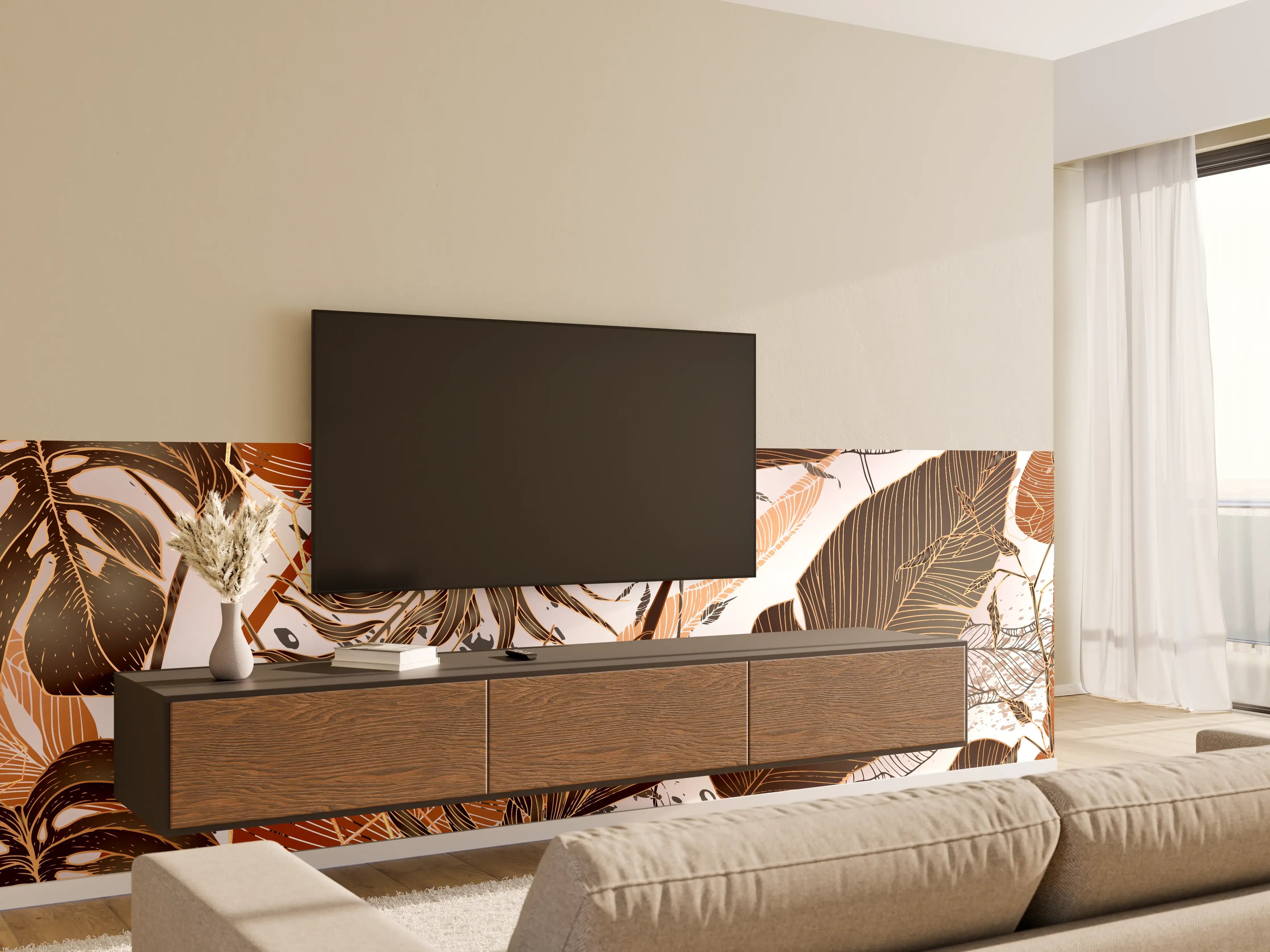 Wandverkleidung Wohnzimmer - Beige Blattmuster Tapete