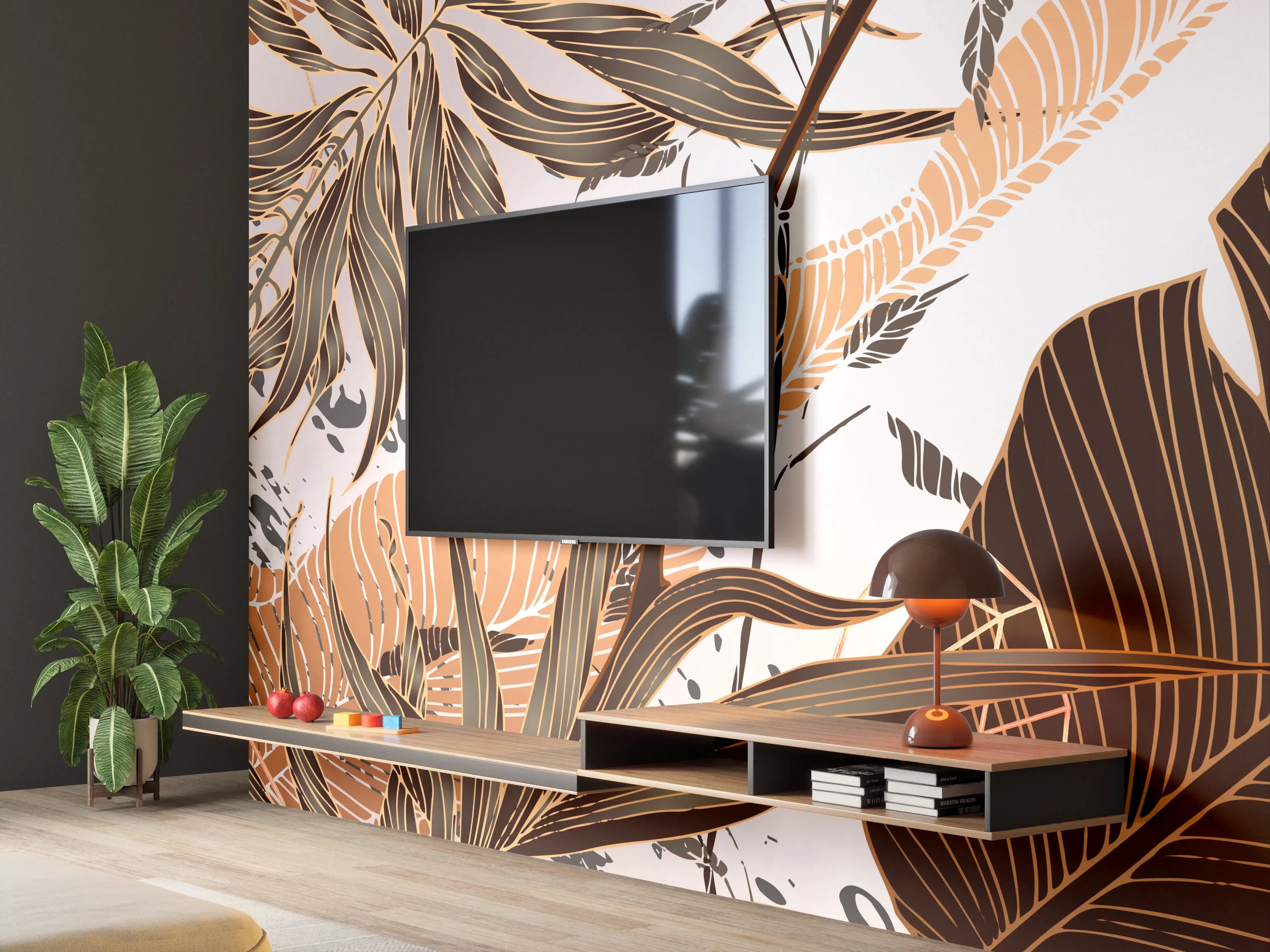 Wandverkleidung Wohnzimmer - Beige Blattmuster Tapete