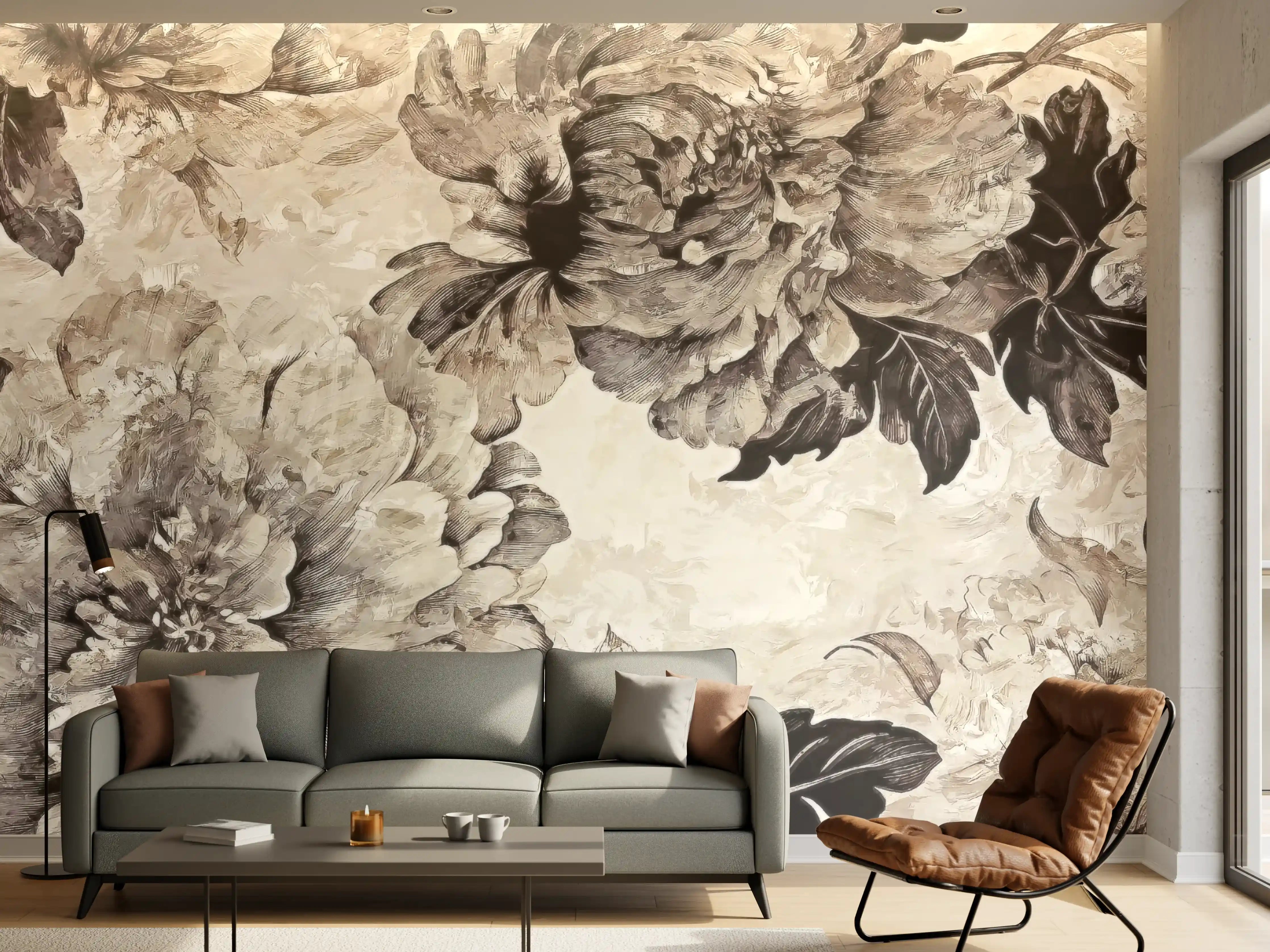 Wandverkleidung Wohnzimmer - Beige Blumenpanorama Kunstwerk