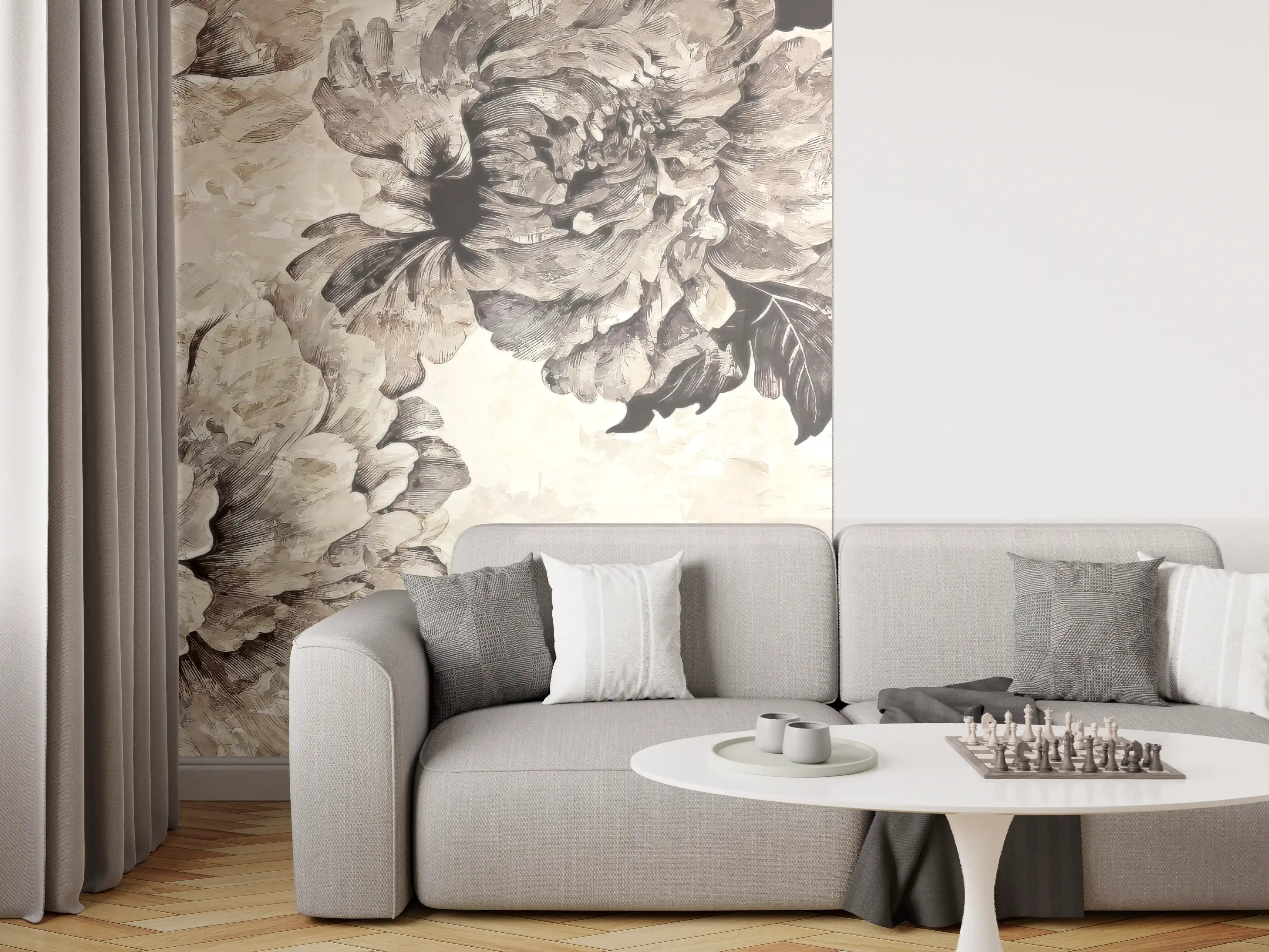 Wandverkleidung Wohnzimmer - Beige Blumenpanorama Kunstwerk