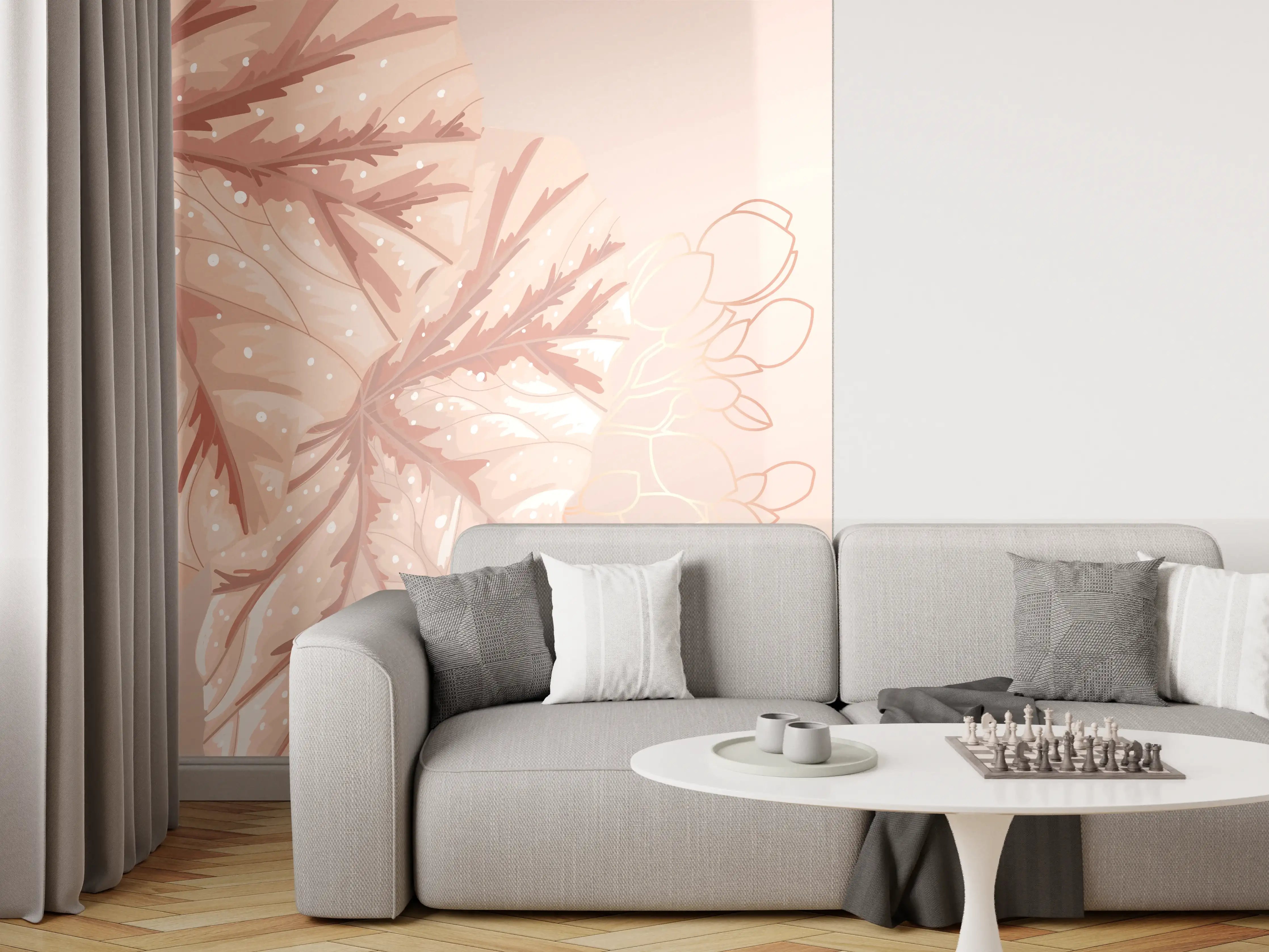 Wandverkleidung Wohnzimmer - Beige Design Blattmuster