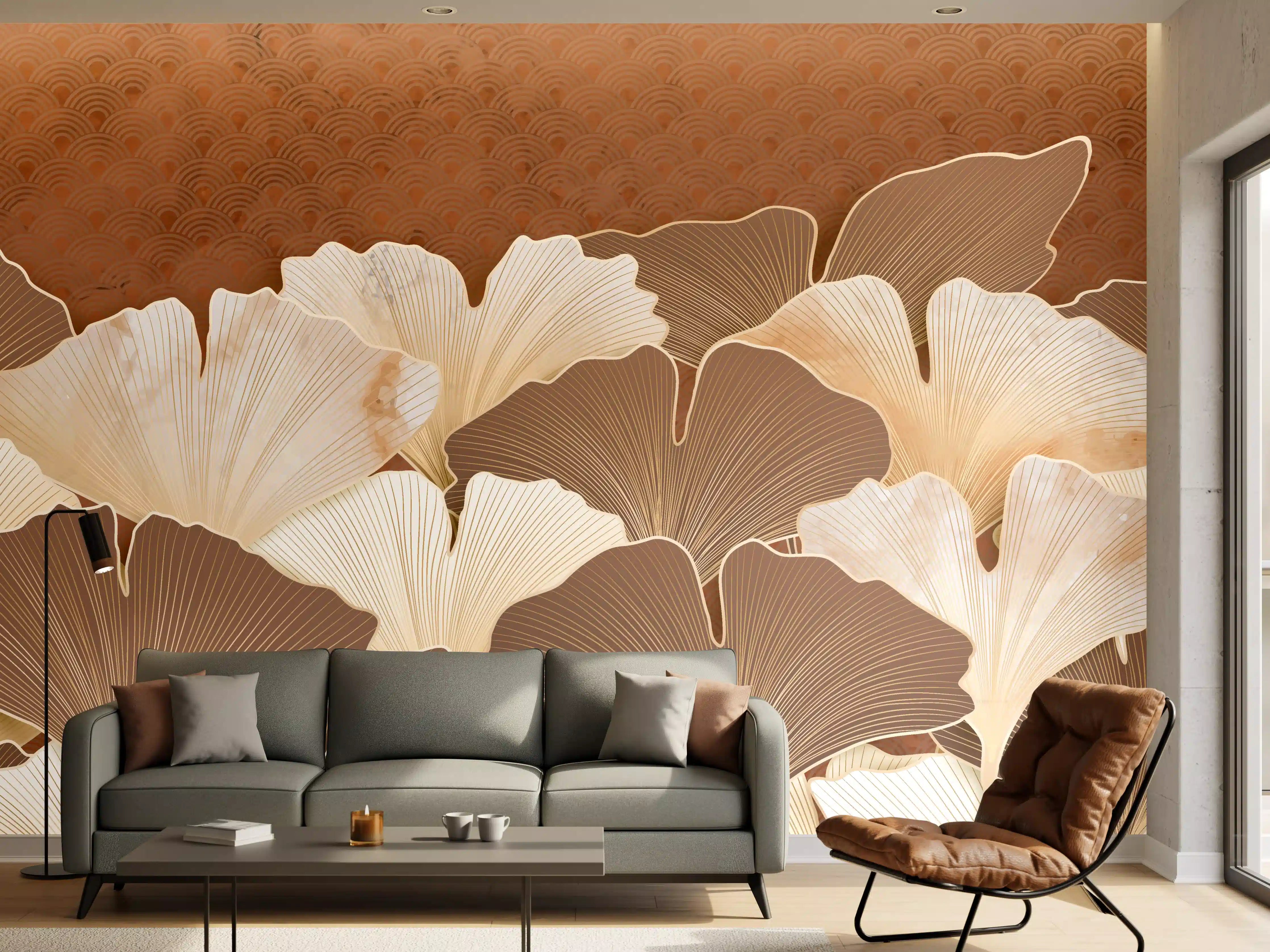 Wandverkleidung Wohnzimmer - Beige Ginkgo Blattmuster