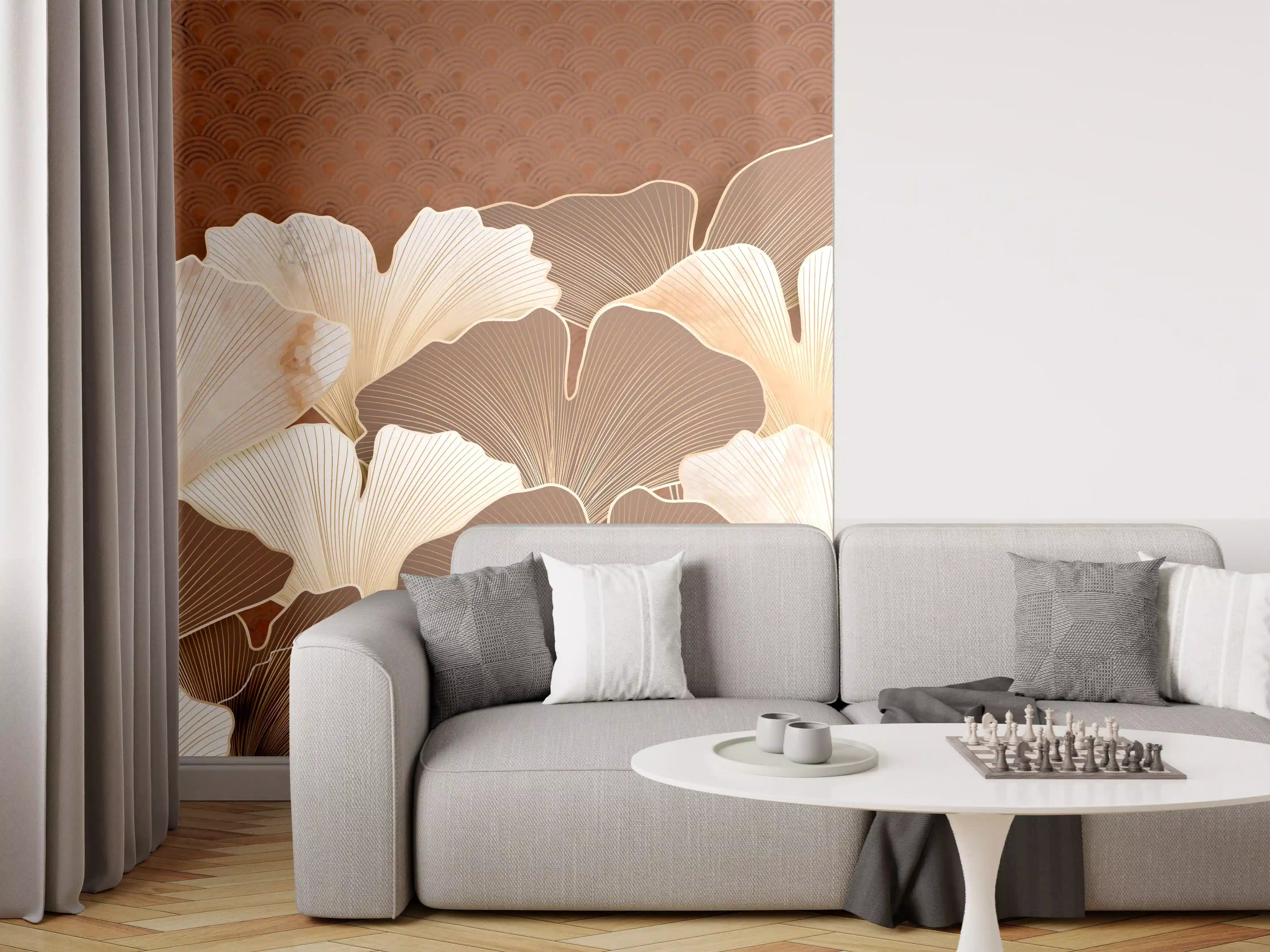 Wandverkleidung Wohnzimmer - Beige Ginkgo Blattmuster