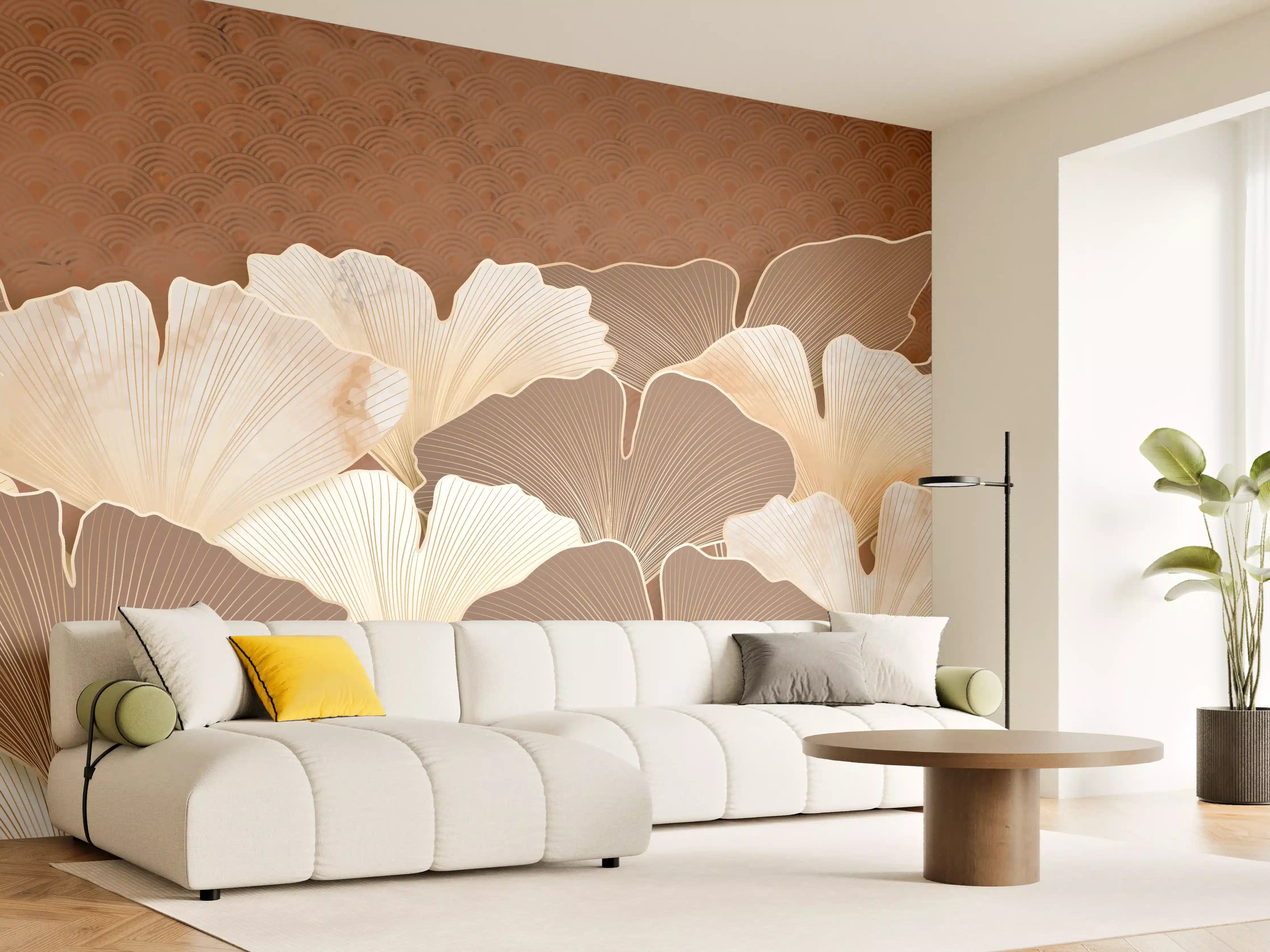 Wandverkleidung Wohnzimmer - Beige Ginkgo Blattmuster