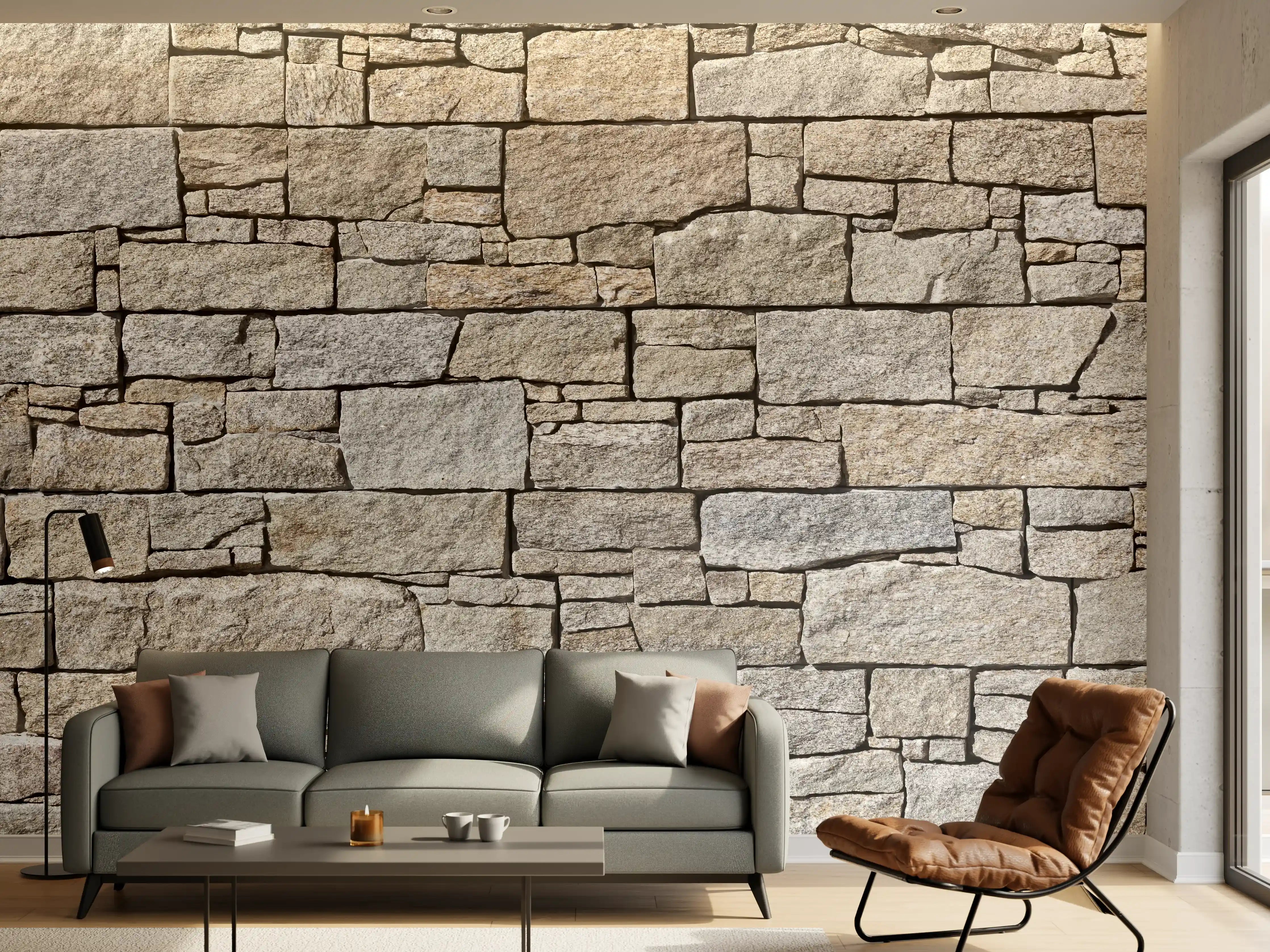 Wandverkleidung Wohnzimmer - Beige Natursteinmauer Struktur