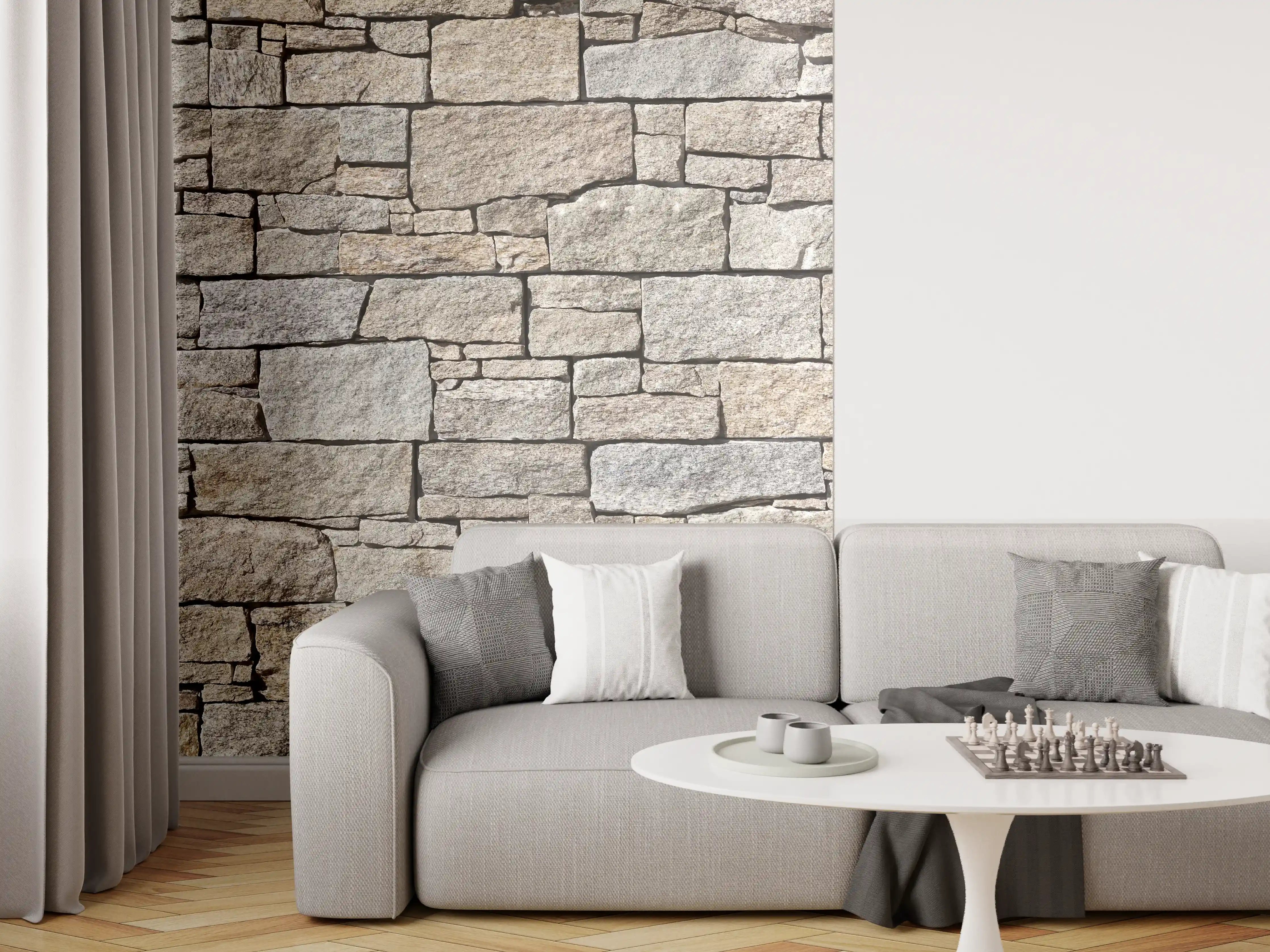 Wandverkleidung Wohnzimmer - Beige Natursteinmauer Struktur