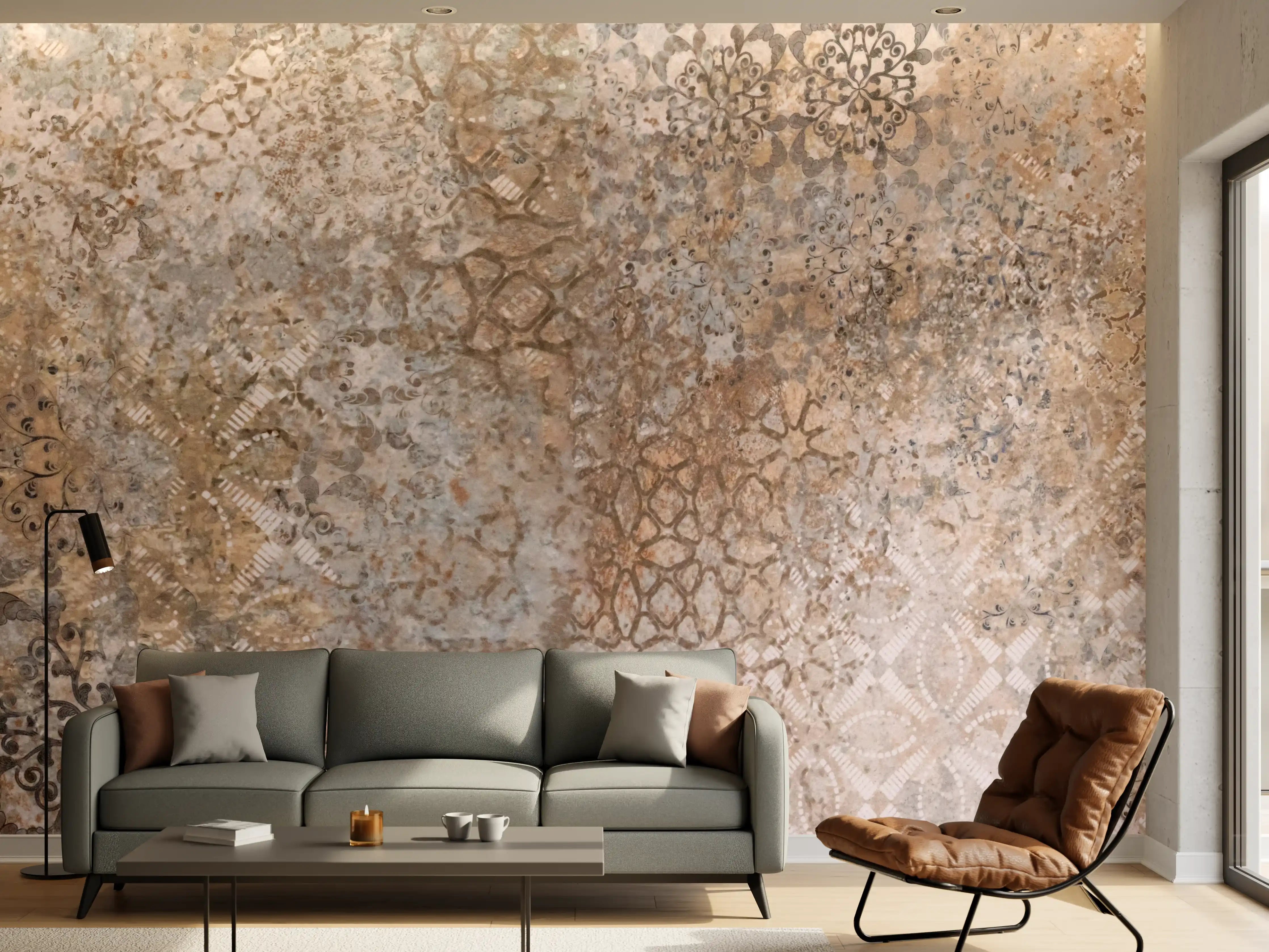 Wandverkleidung Wohnzimmer - Beige Vintage Blumenmuster im Tapeten-Stil