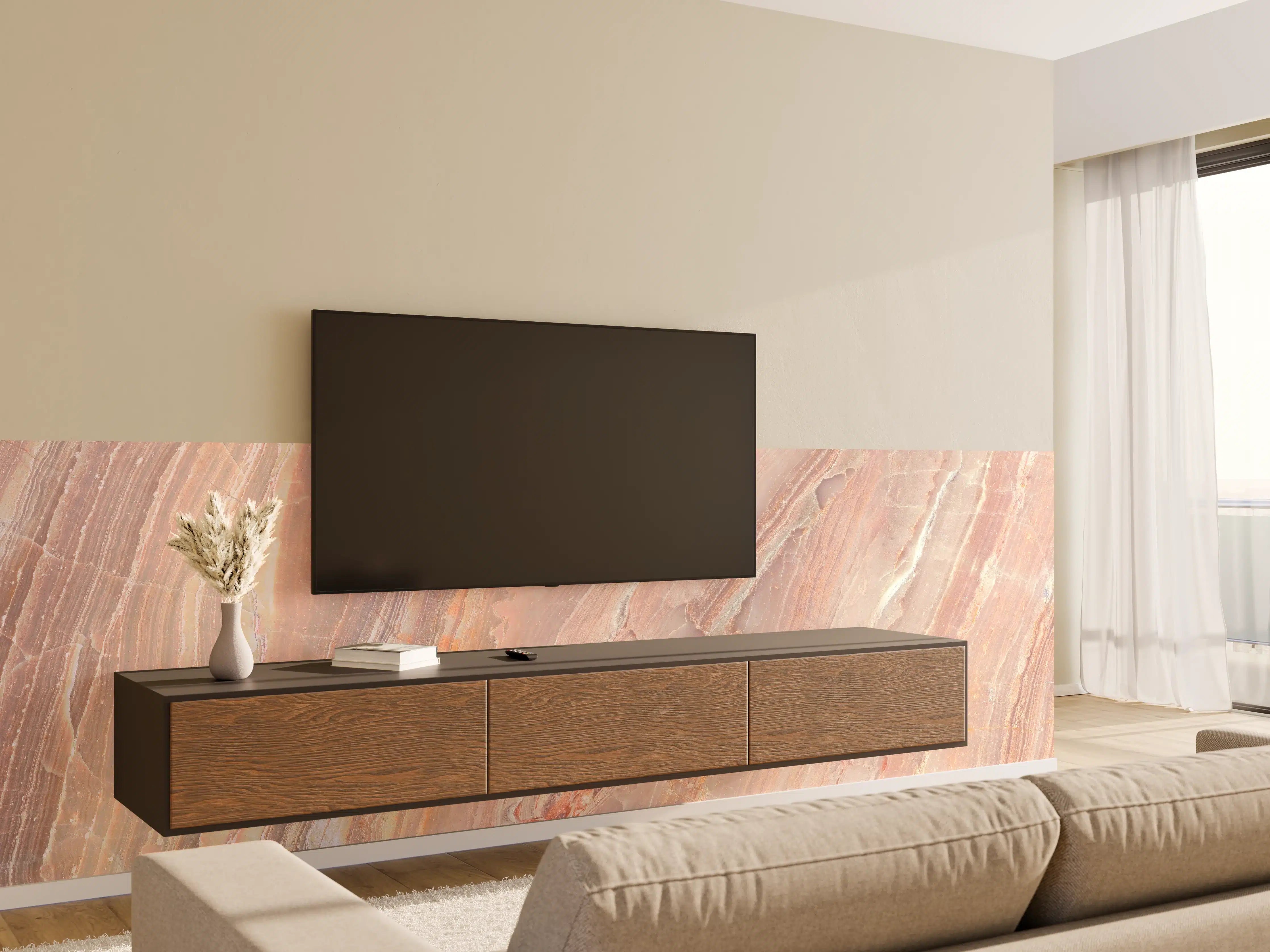 Wandverkleidung Wohnzimmer - Beiges Marmor Design - Nahaufnahme