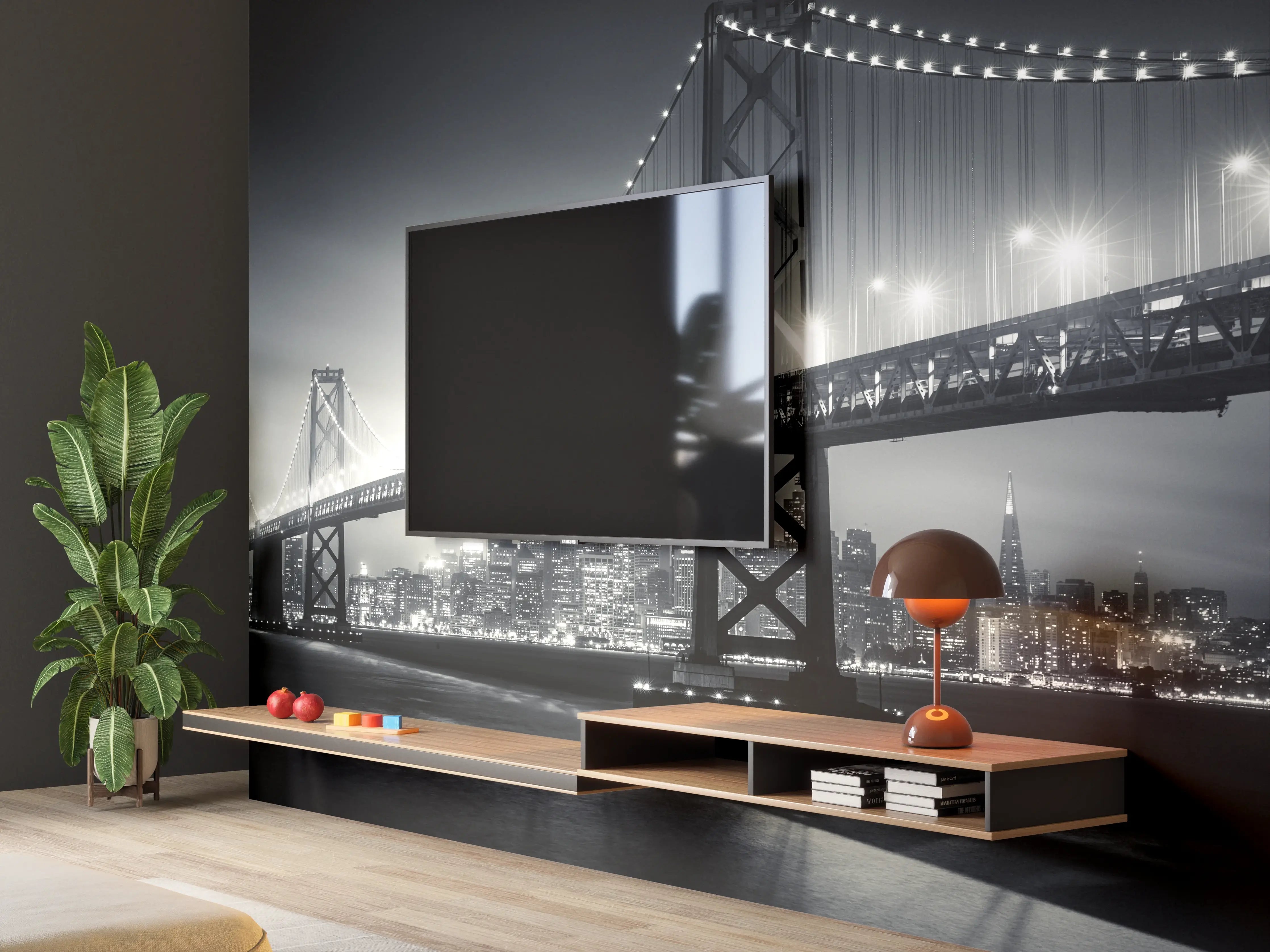 Wandverkleidung Wohnzimmer - Beleuchtete Brücke bei Nacht in Schwarzweiß