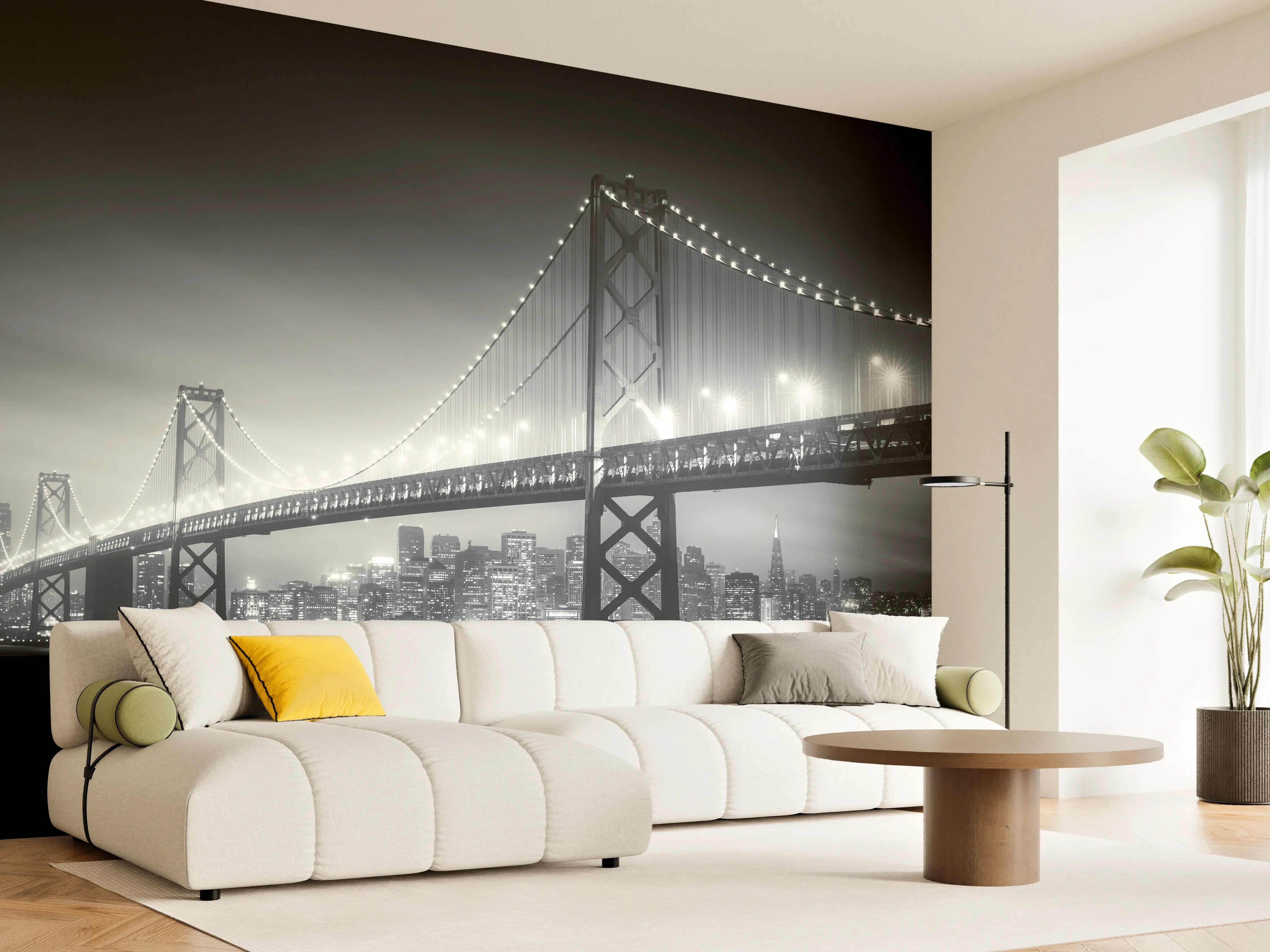 Wandverkleidung Wohnzimmer - Beleuchtete Brücke bei Nacht in Schwarzweiß