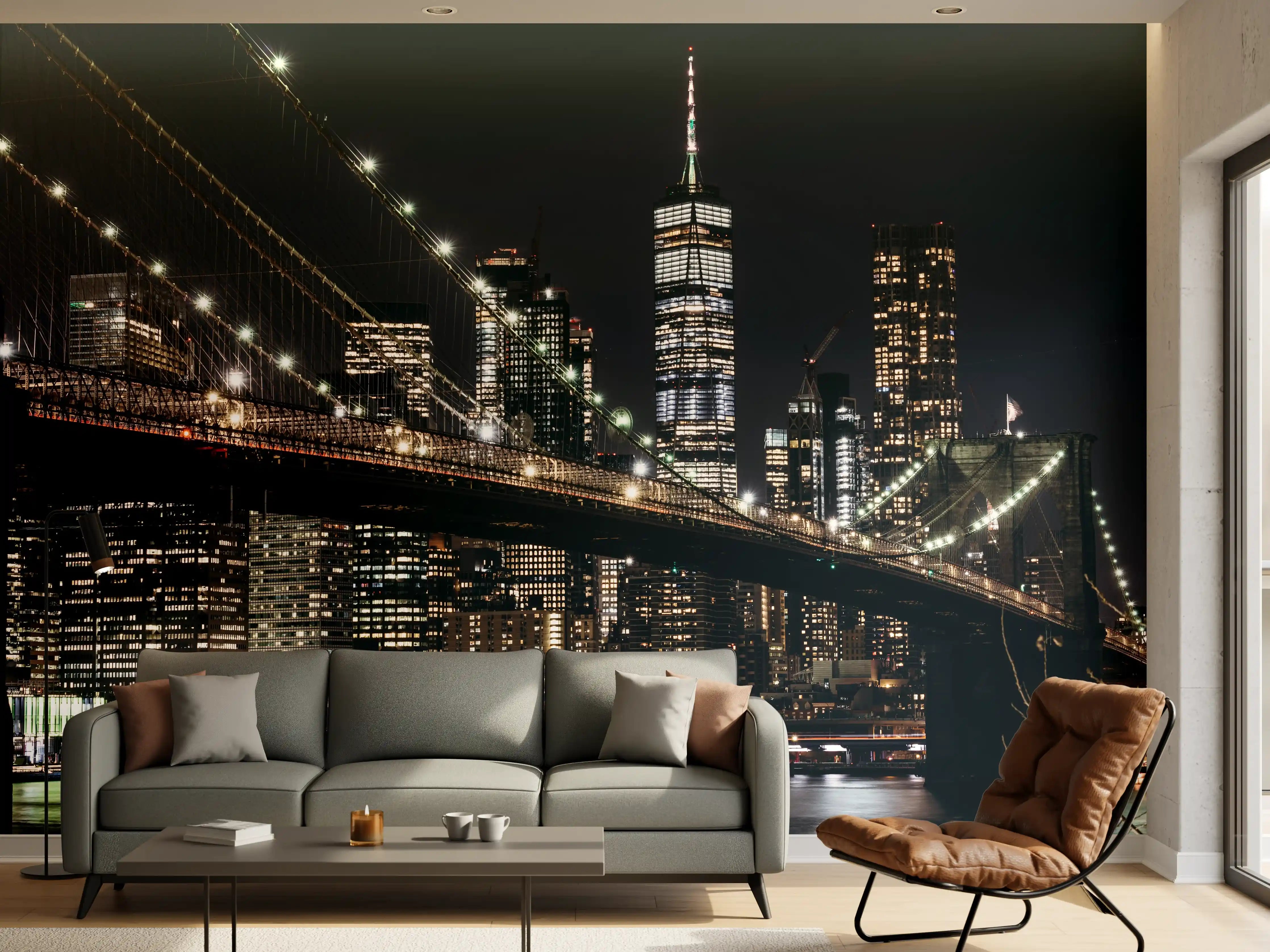 Wandverkleidung Wohnzimmer - Beleuchtete Skyline bei Nacht