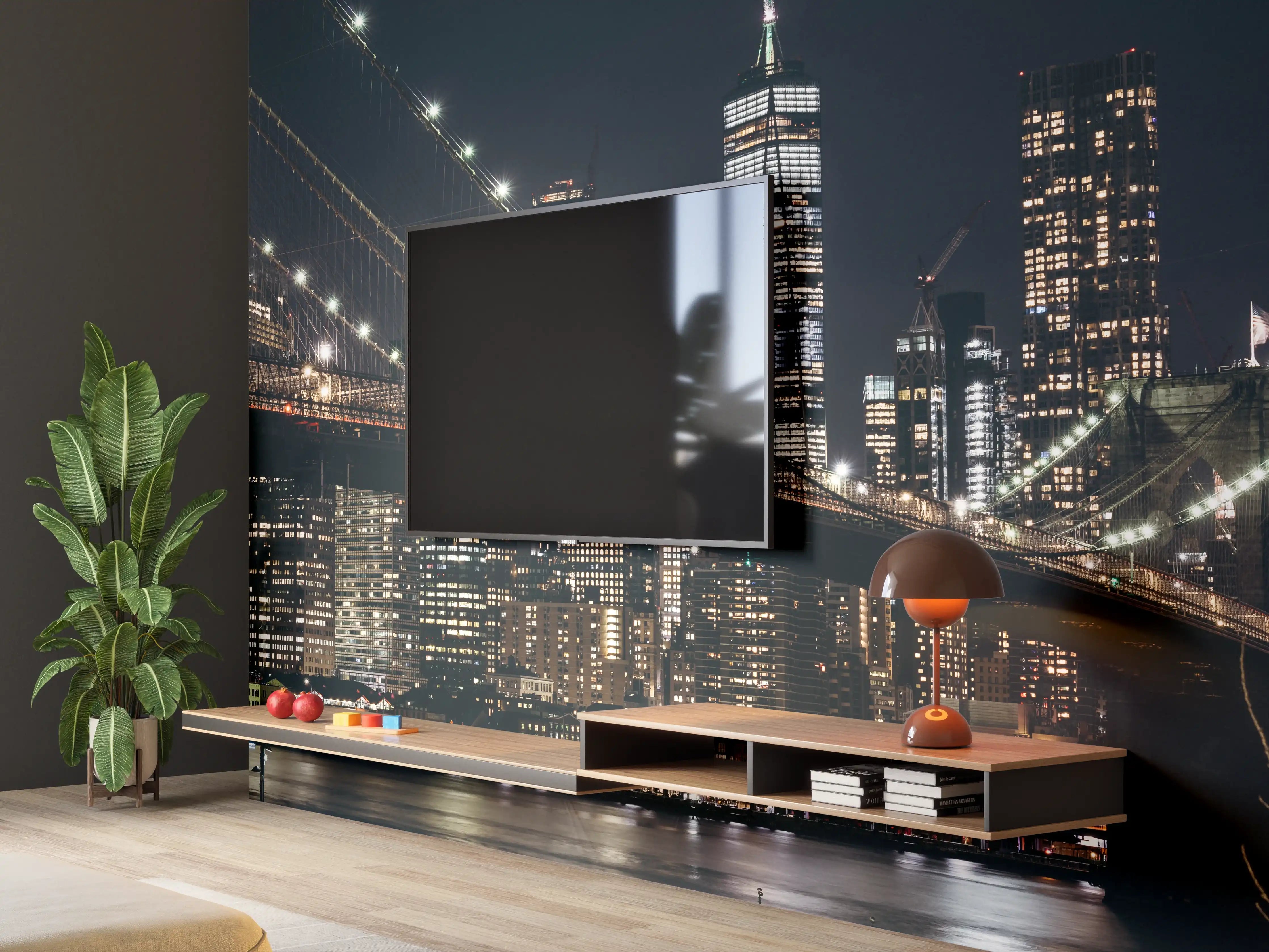Wandverkleidung Wohnzimmer - Beleuchtete Skyline bei Nacht