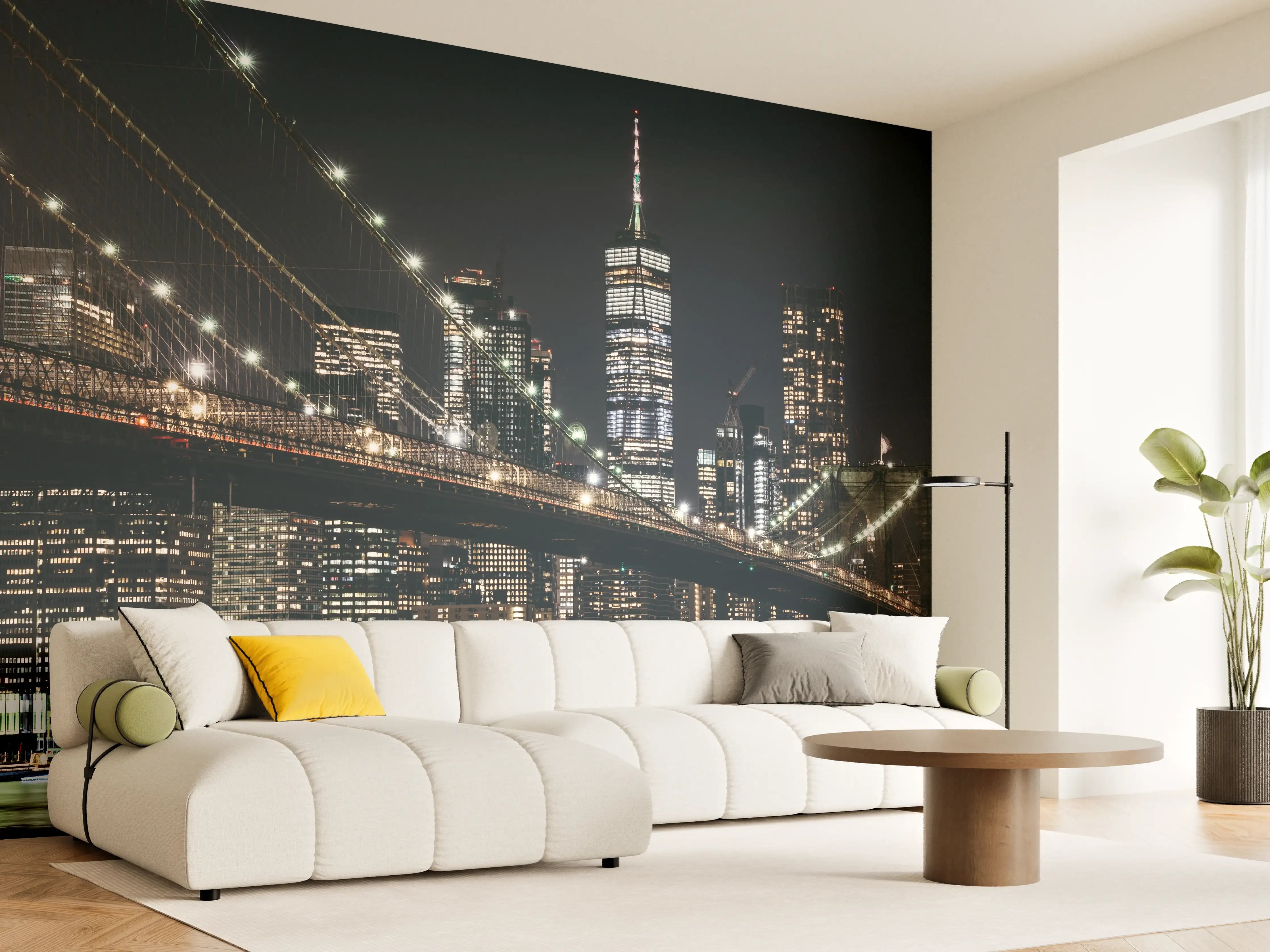 Wandverkleidung Wohnzimmer - Beleuchtete Skyline bei Nacht