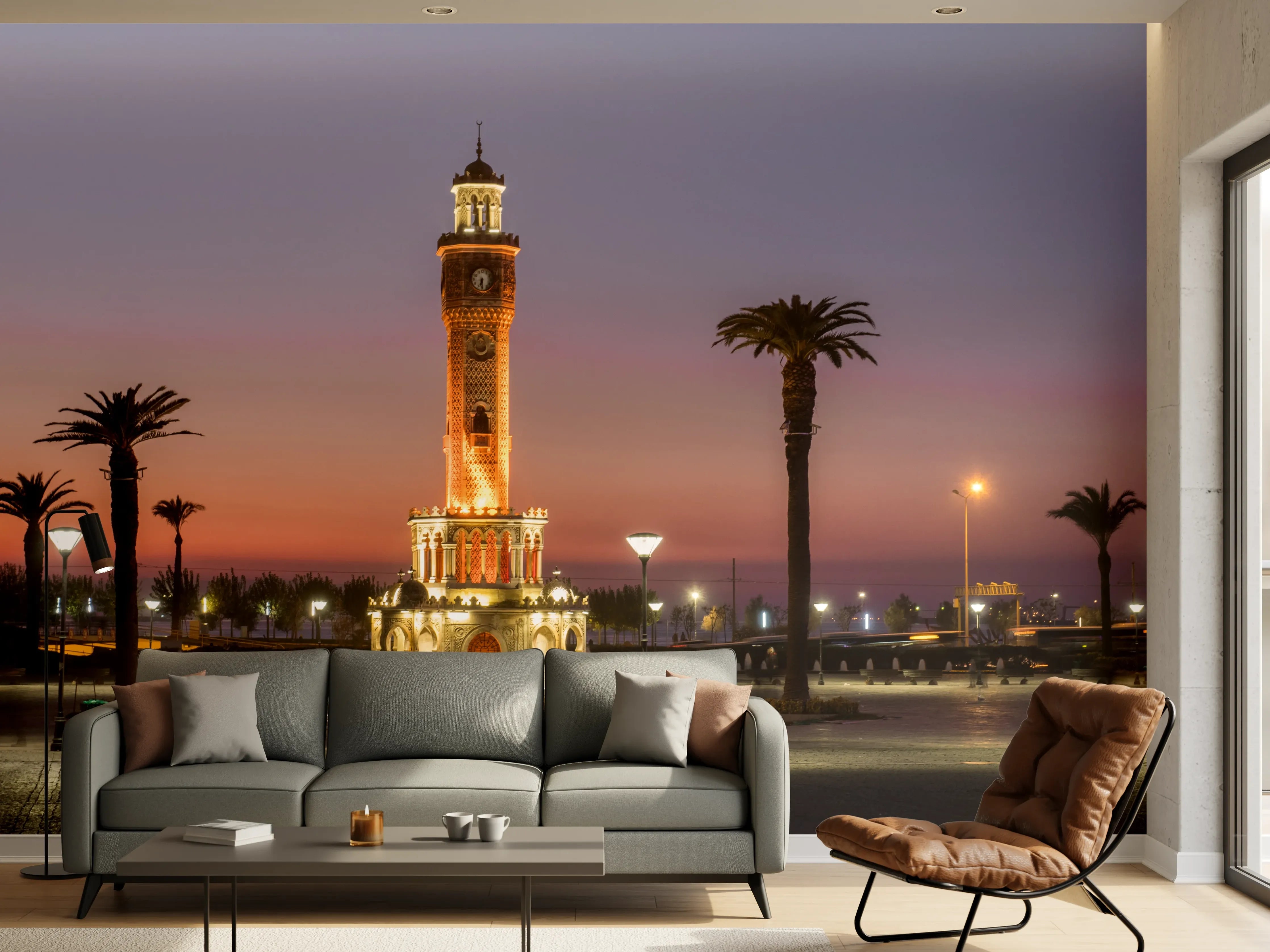 Wandverkleidung Wohnzimmer - Beleuchteter Turm bei Sonnenuntergang mit Palmen