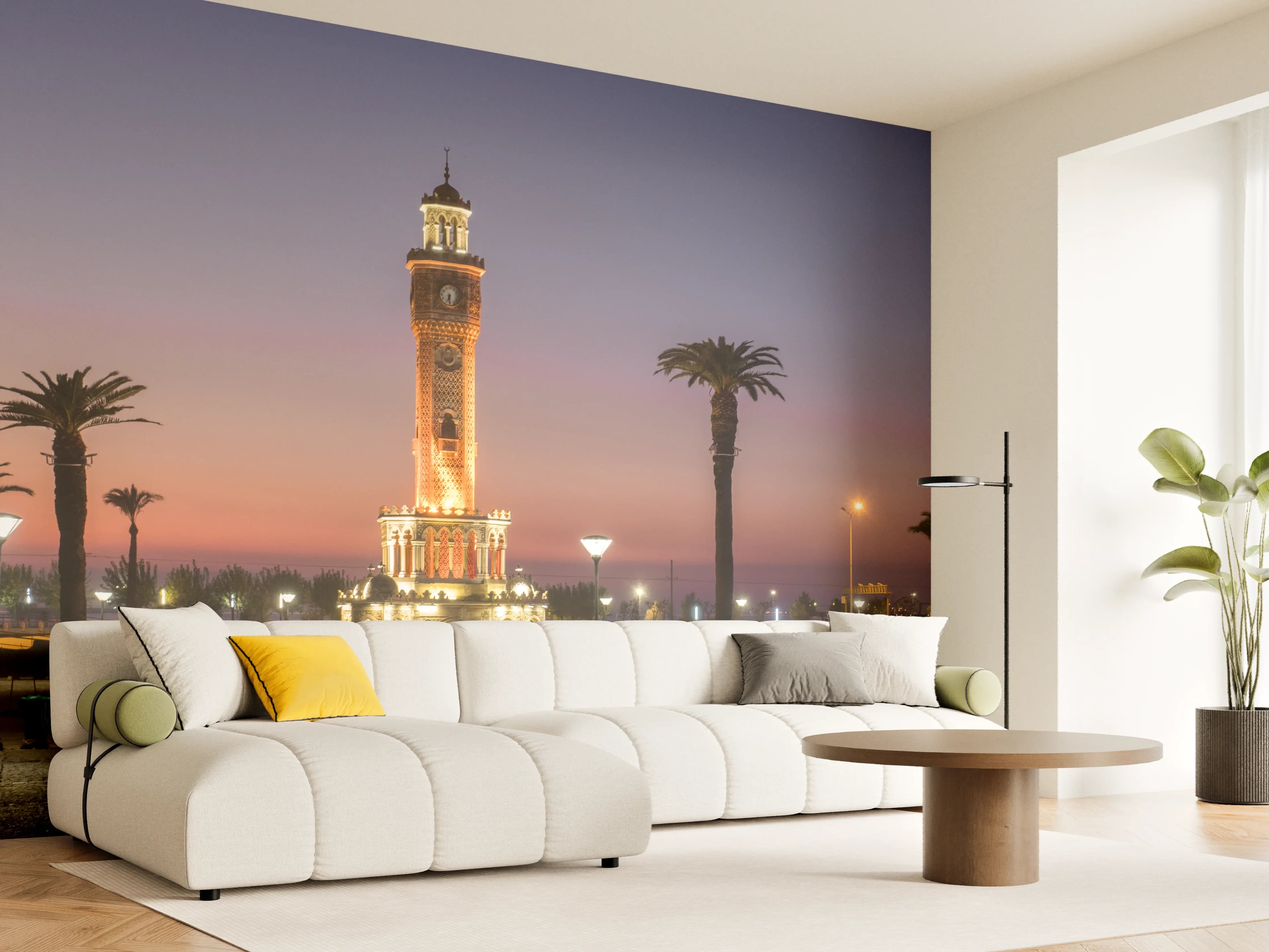 Wandverkleidung Wohnzimmer - Beleuchteter Turm bei Sonnenuntergang mit Palmen