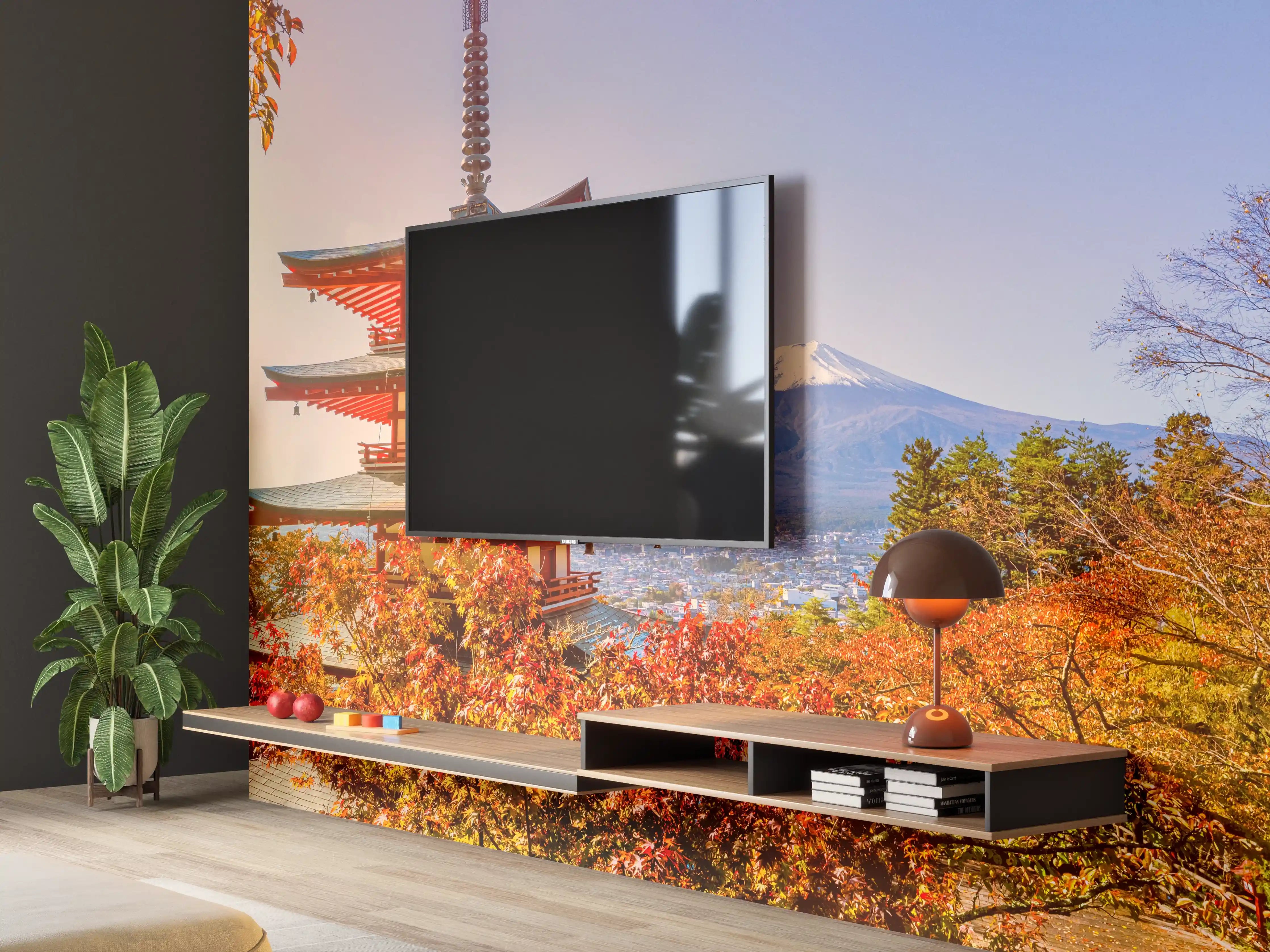 Wandverkleidung Wohnzimmer - Berg Fuji und der traditionelle Chureito-Pagodenschrein