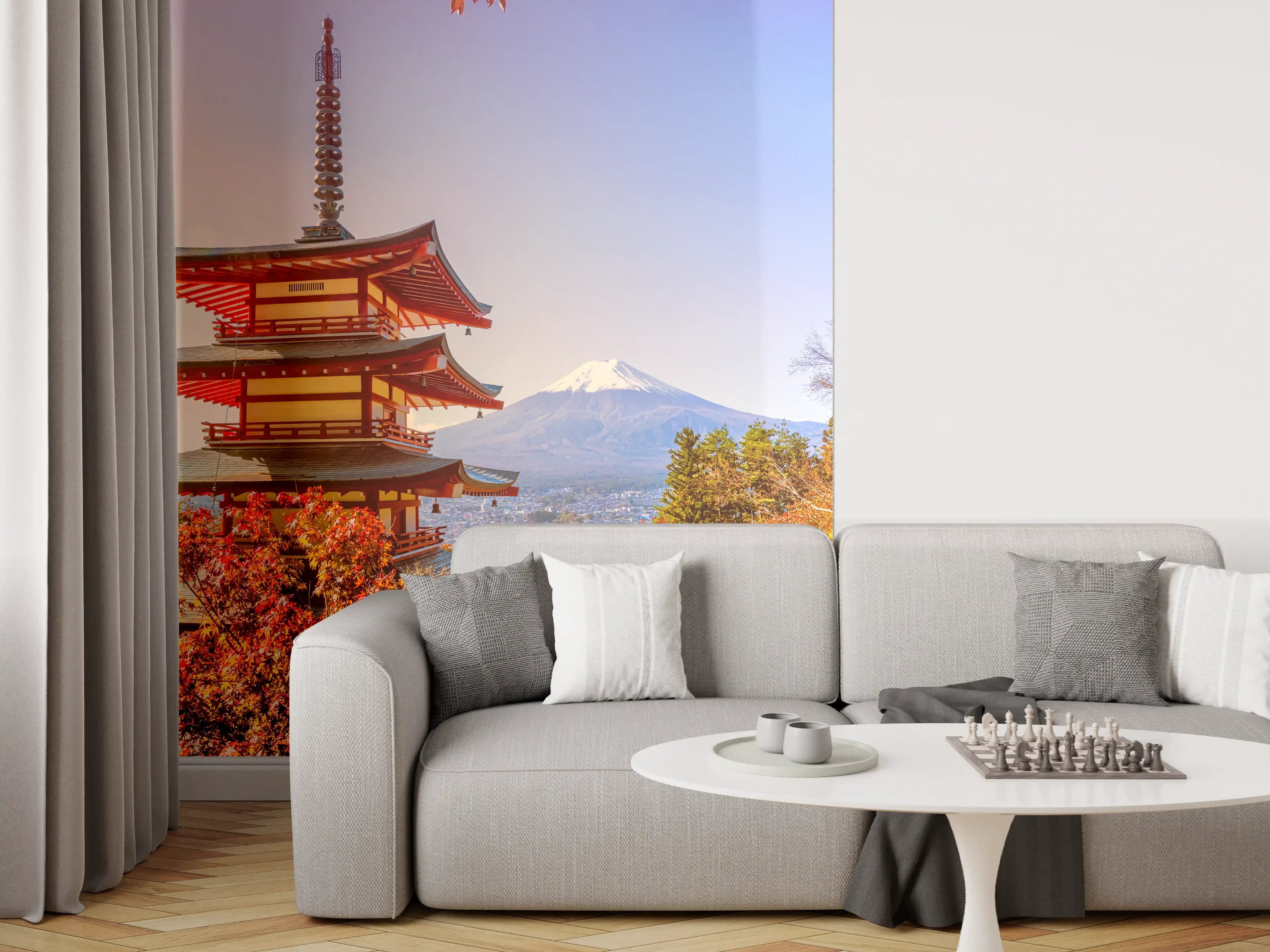 Wandverkleidung Wohnzimmer - Berg Fuji und der traditionelle Chureito-Pagodenschrein