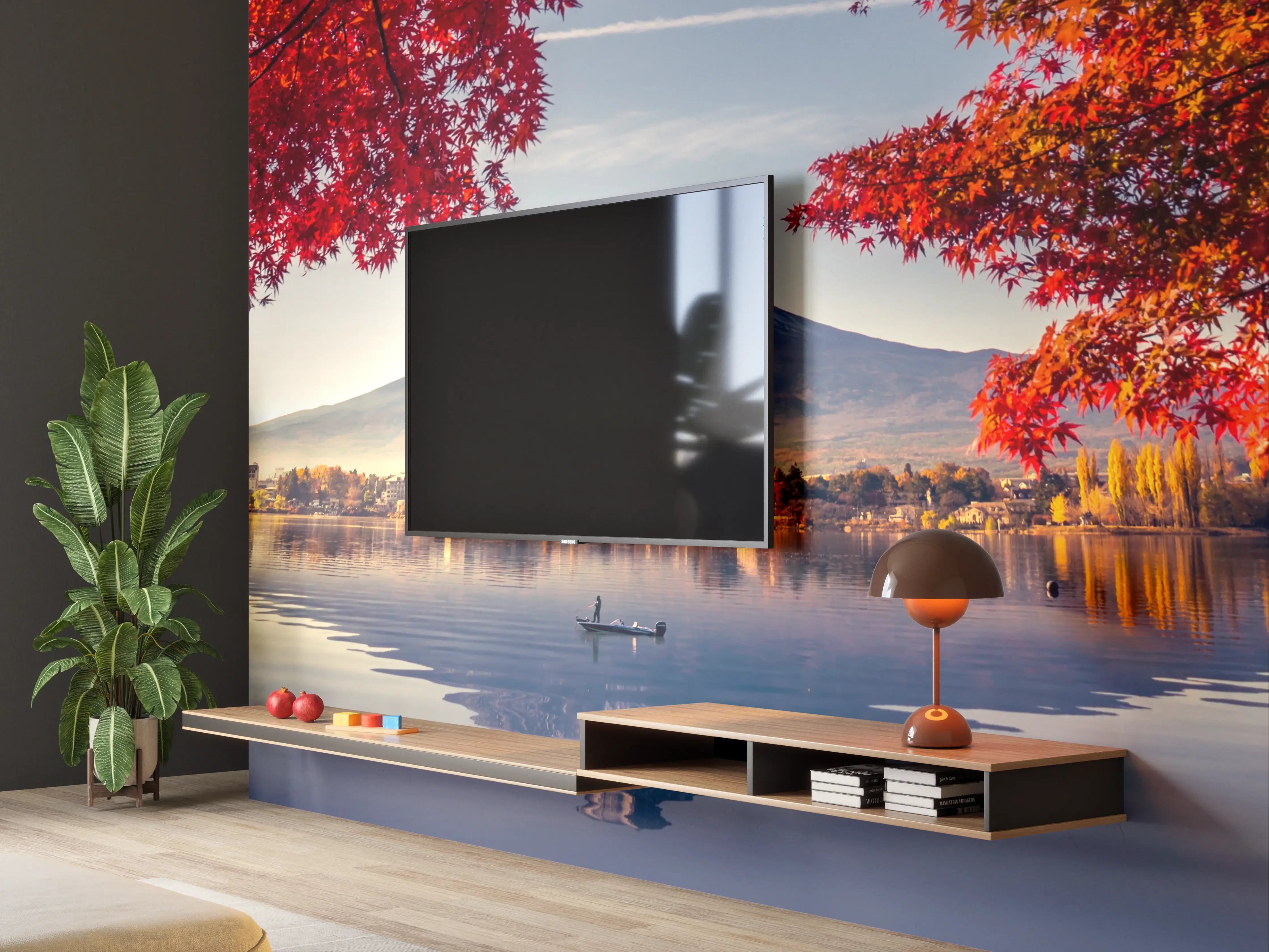 Wandverkleidung Wohnzimmer - Berg im Herbstlicher Seelandschaftsfine Art