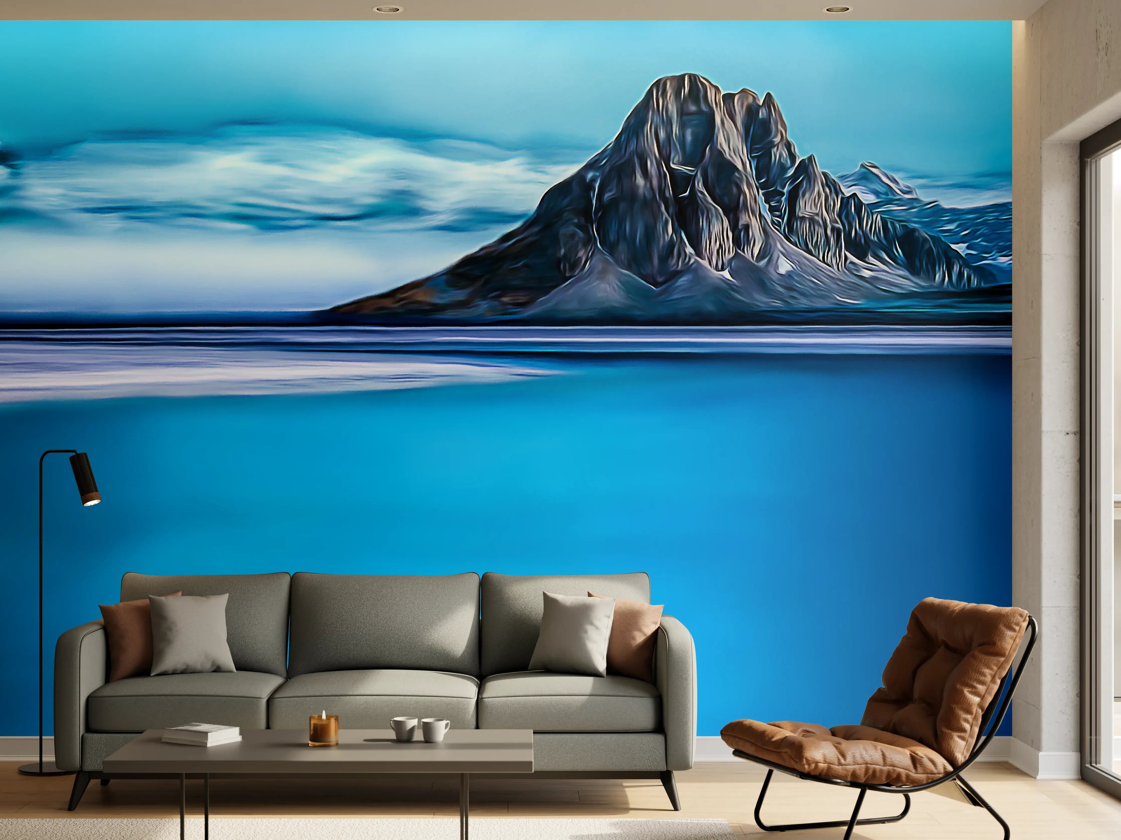 Wandverkleidung Wohnzimmer - Berg im Meer bei Dämmerung