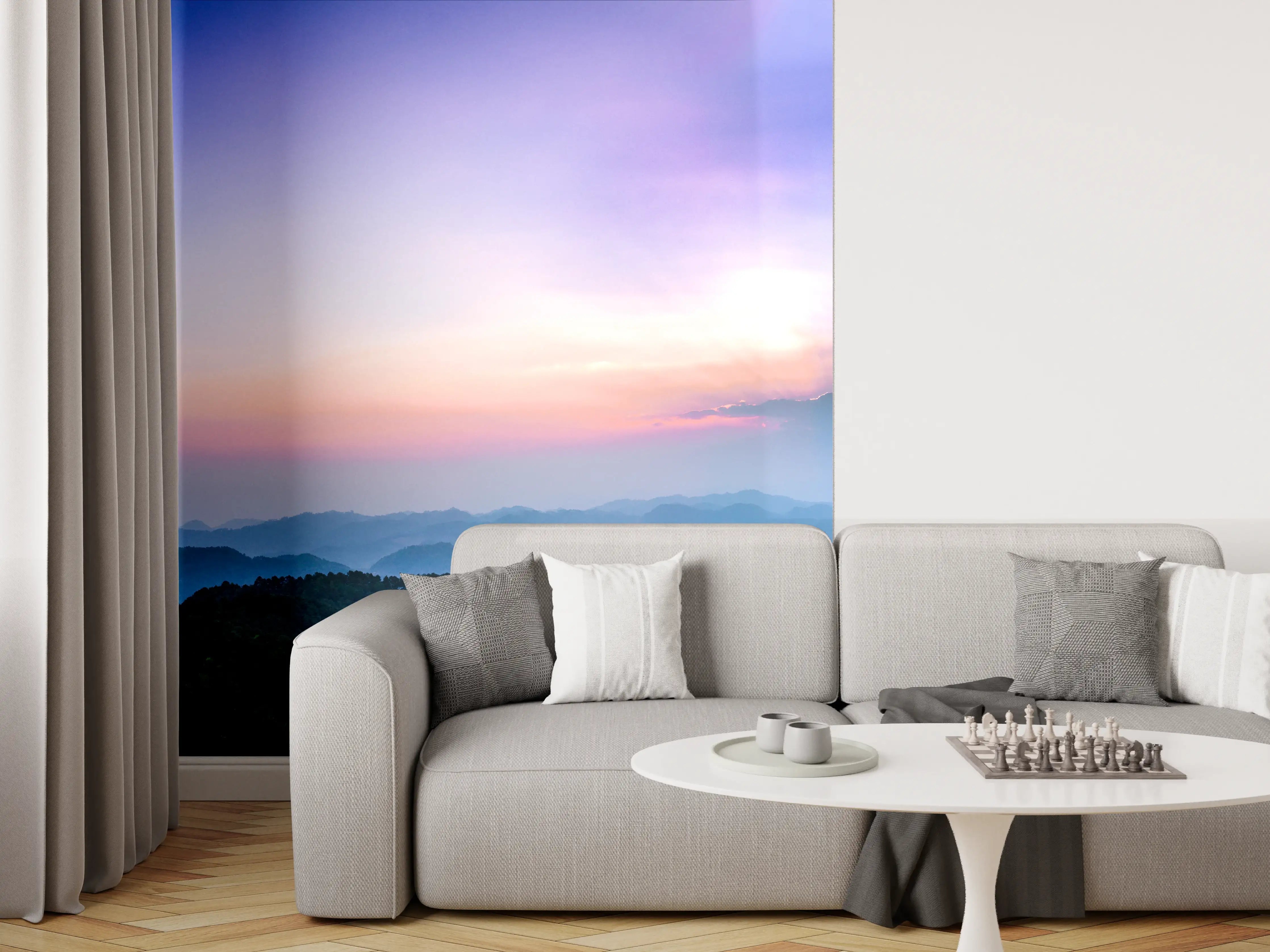 Wandverkleidung Wohnzimmer - Bergblick mit Sonnenstrahl
