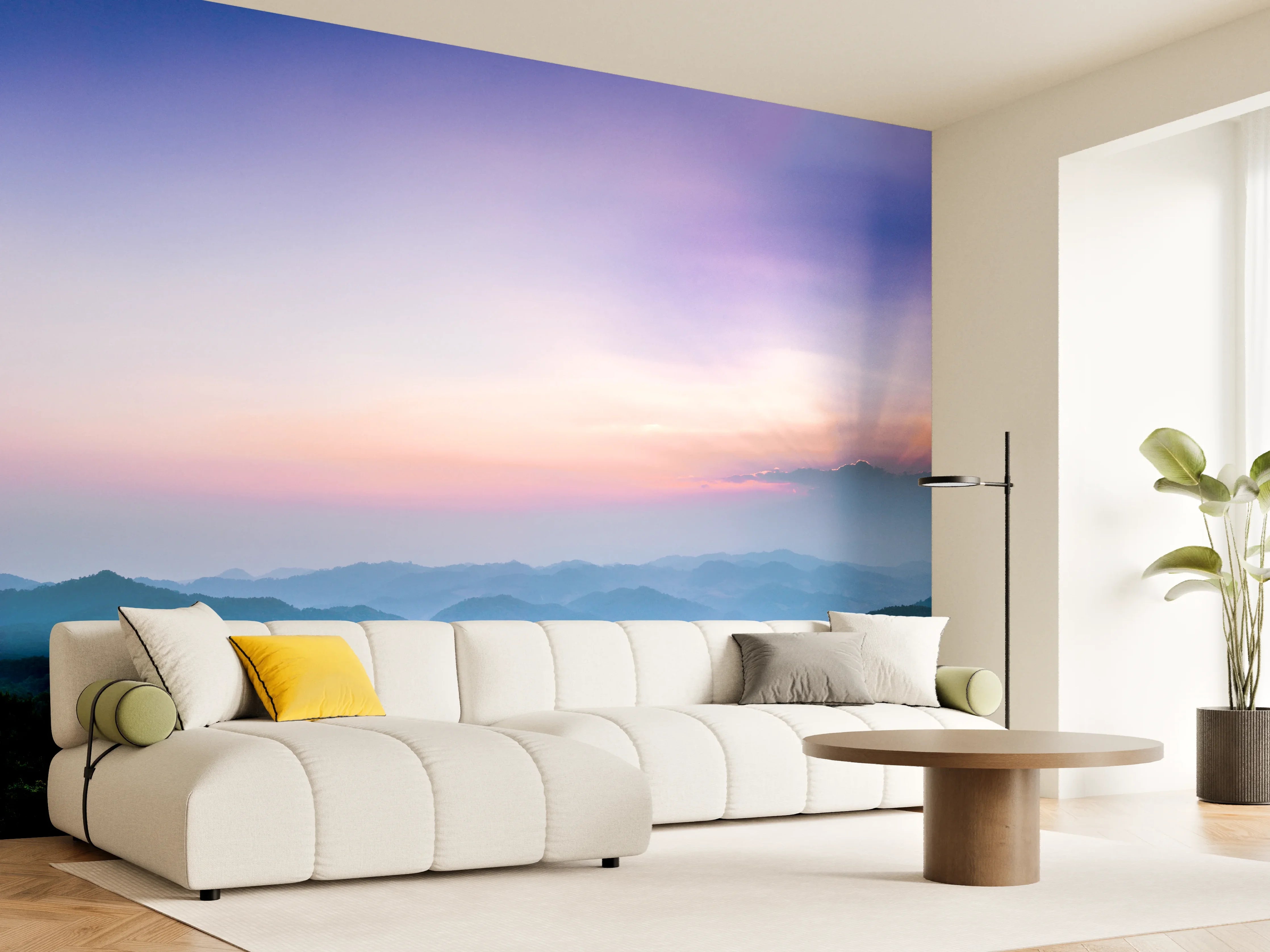 Wandverkleidung Wohnzimmer - Bergblick mit Sonnenstrahl