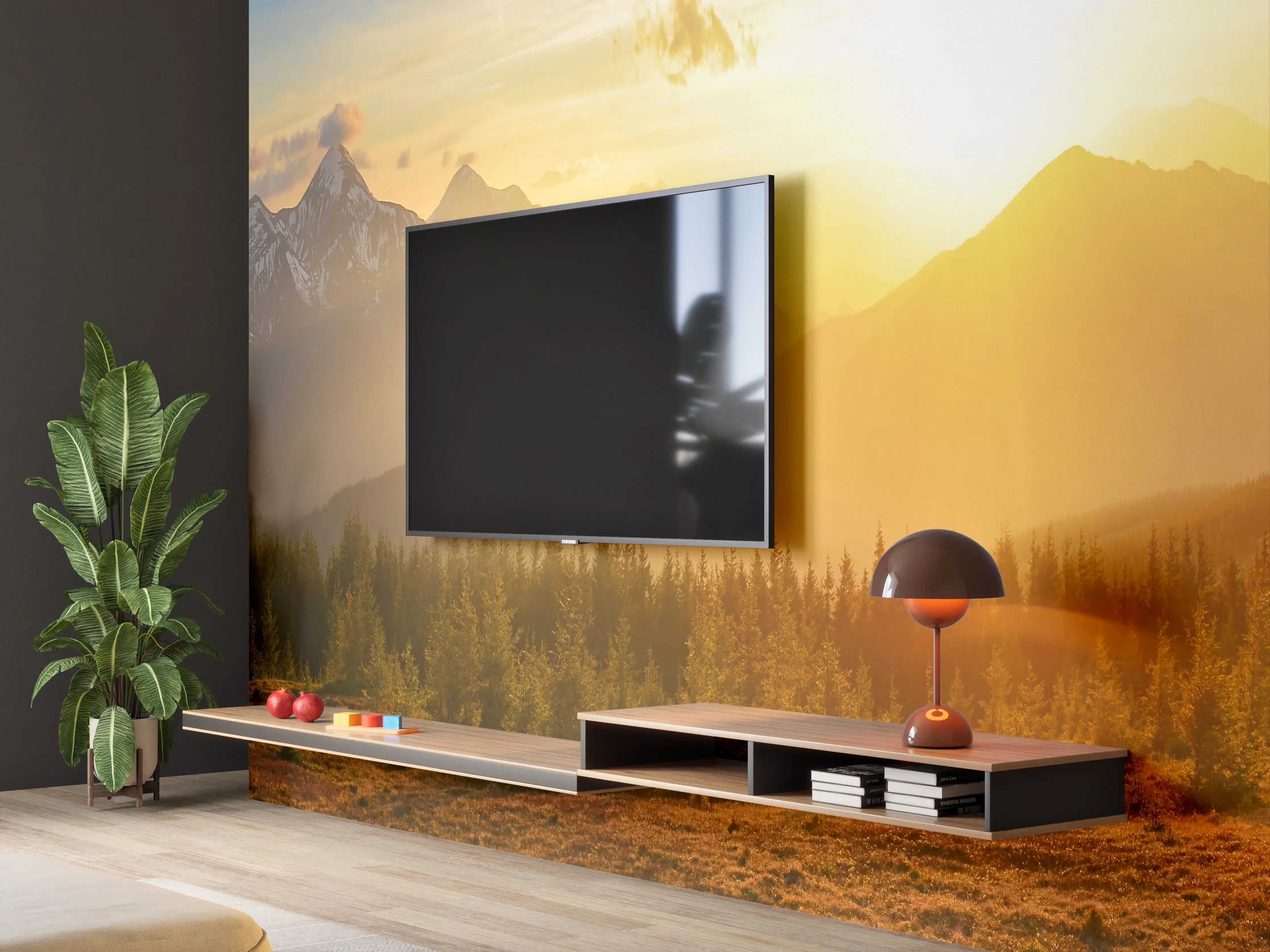 Wandverkleidung Wohnzimmer - Berge im Sonnenuntergang