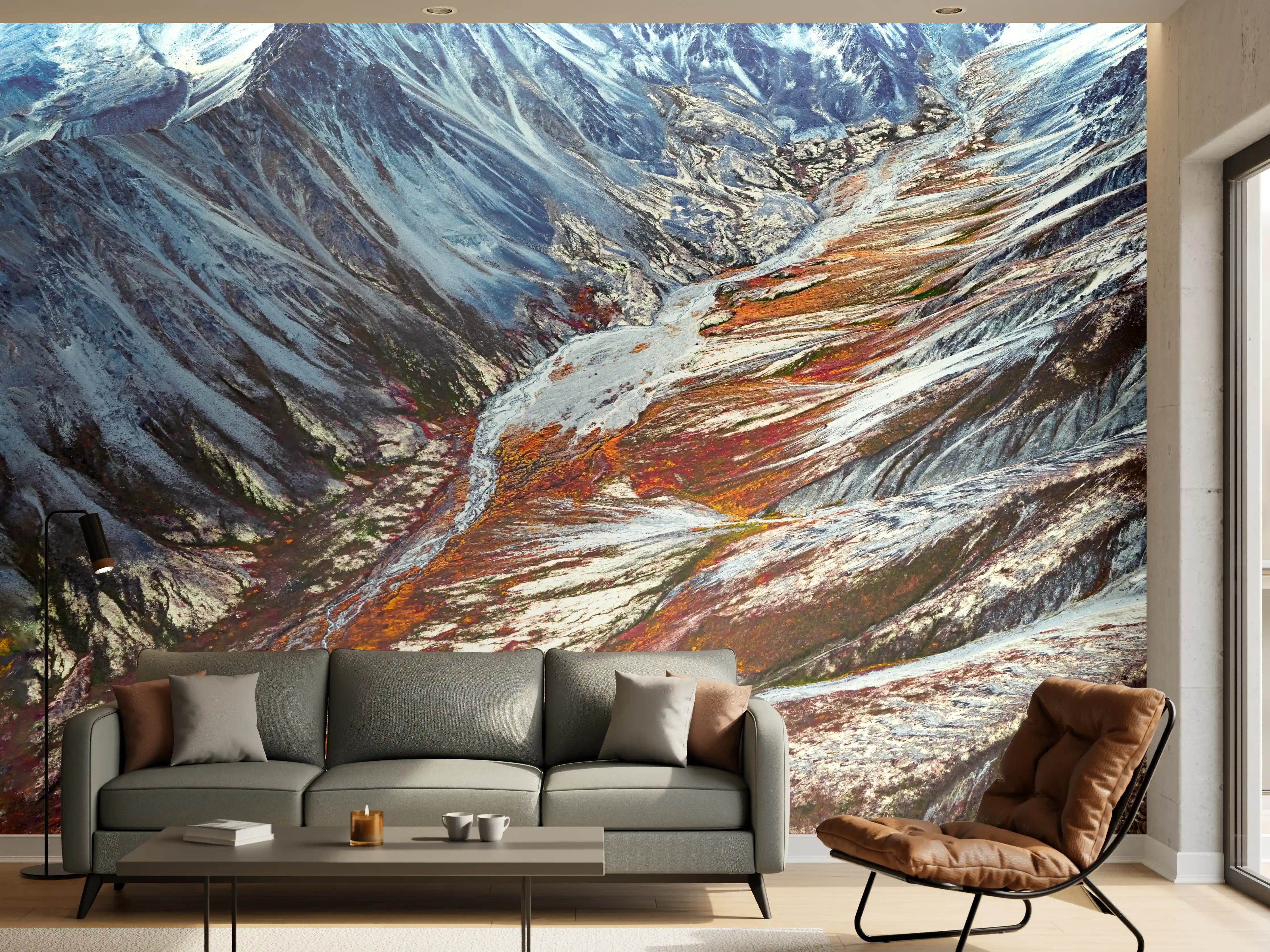 Wandverkleidung Wohnzimmer - Berglandschaft mit Fluss und Gletschern