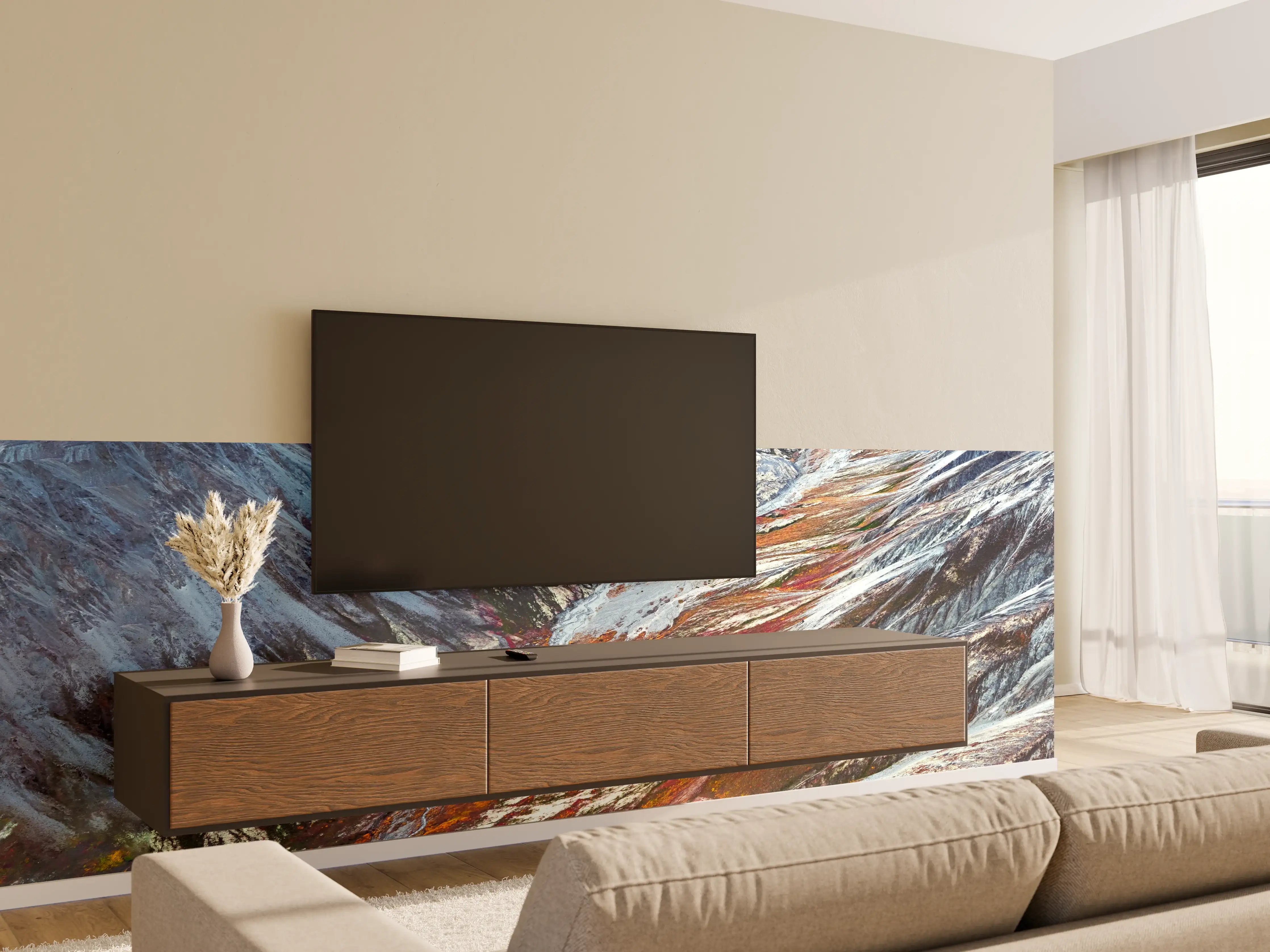 Wandverkleidung Wohnzimmer - Berglandschaft mit Fluss und Gletschern