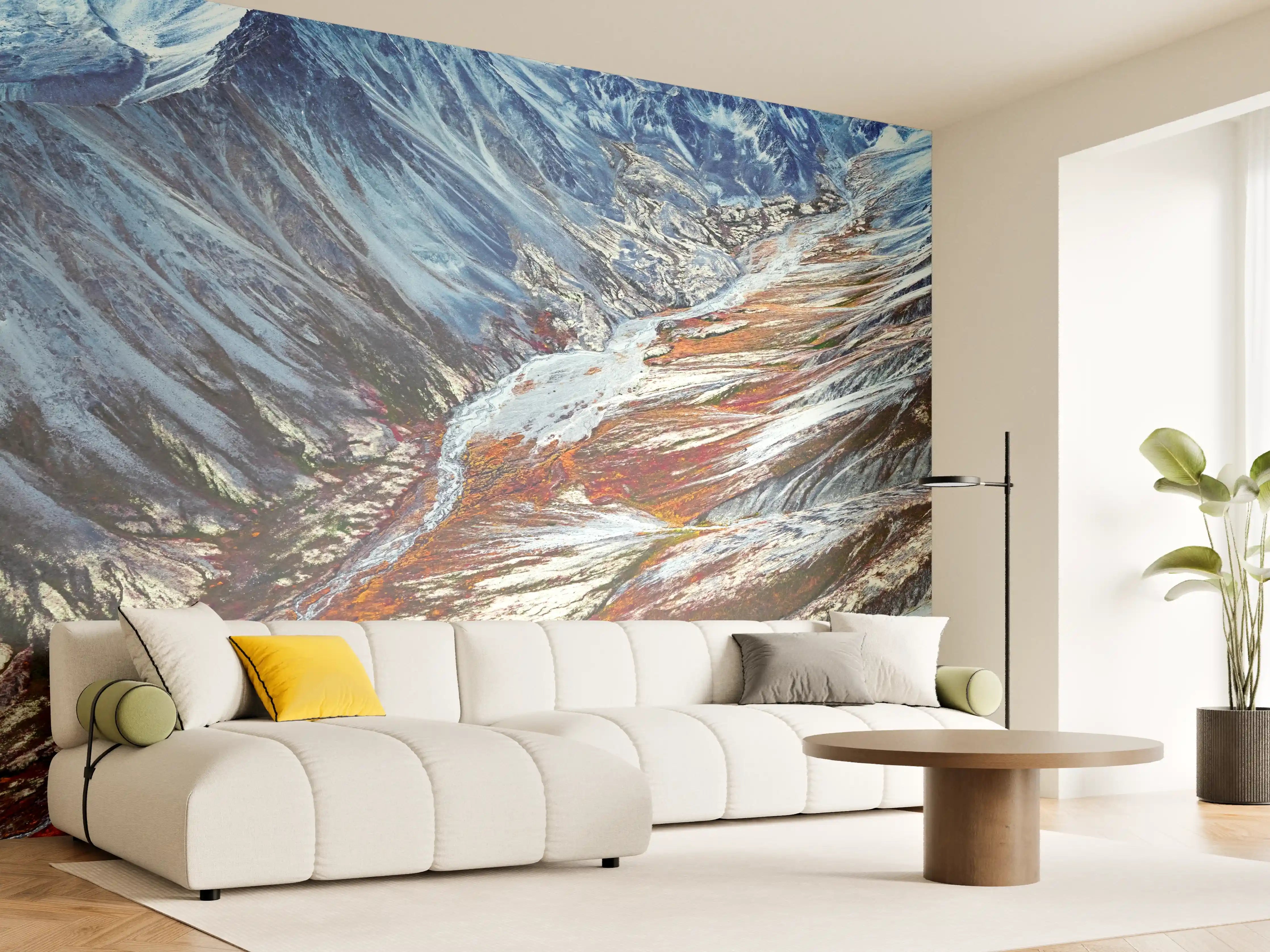 Wandverkleidung Wohnzimmer - Berglandschaft mit Fluss und Gletschern