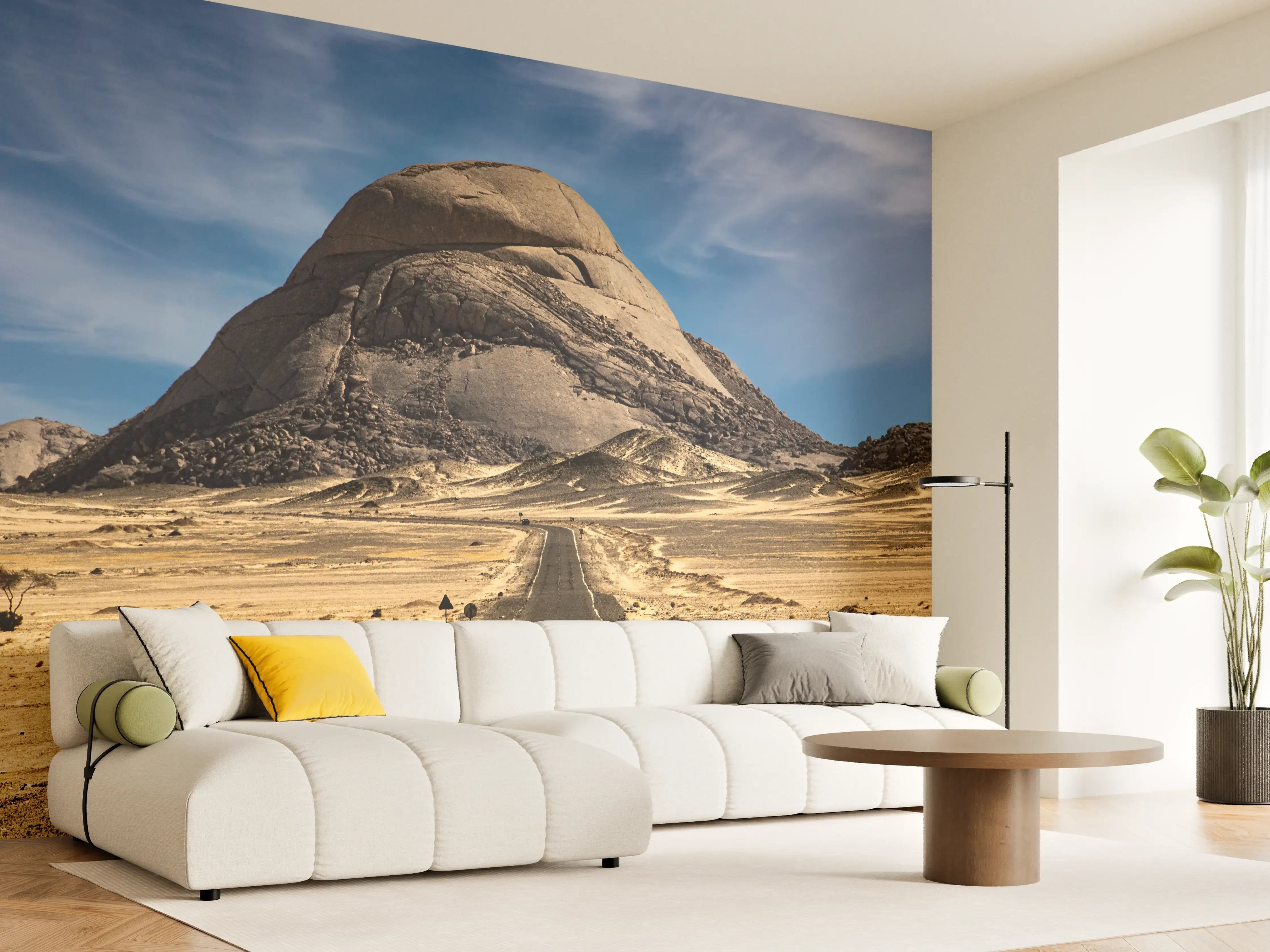 Wandverkleidung Wohnzimmer - Berglandschaft mit Straße unter blauem Himmel