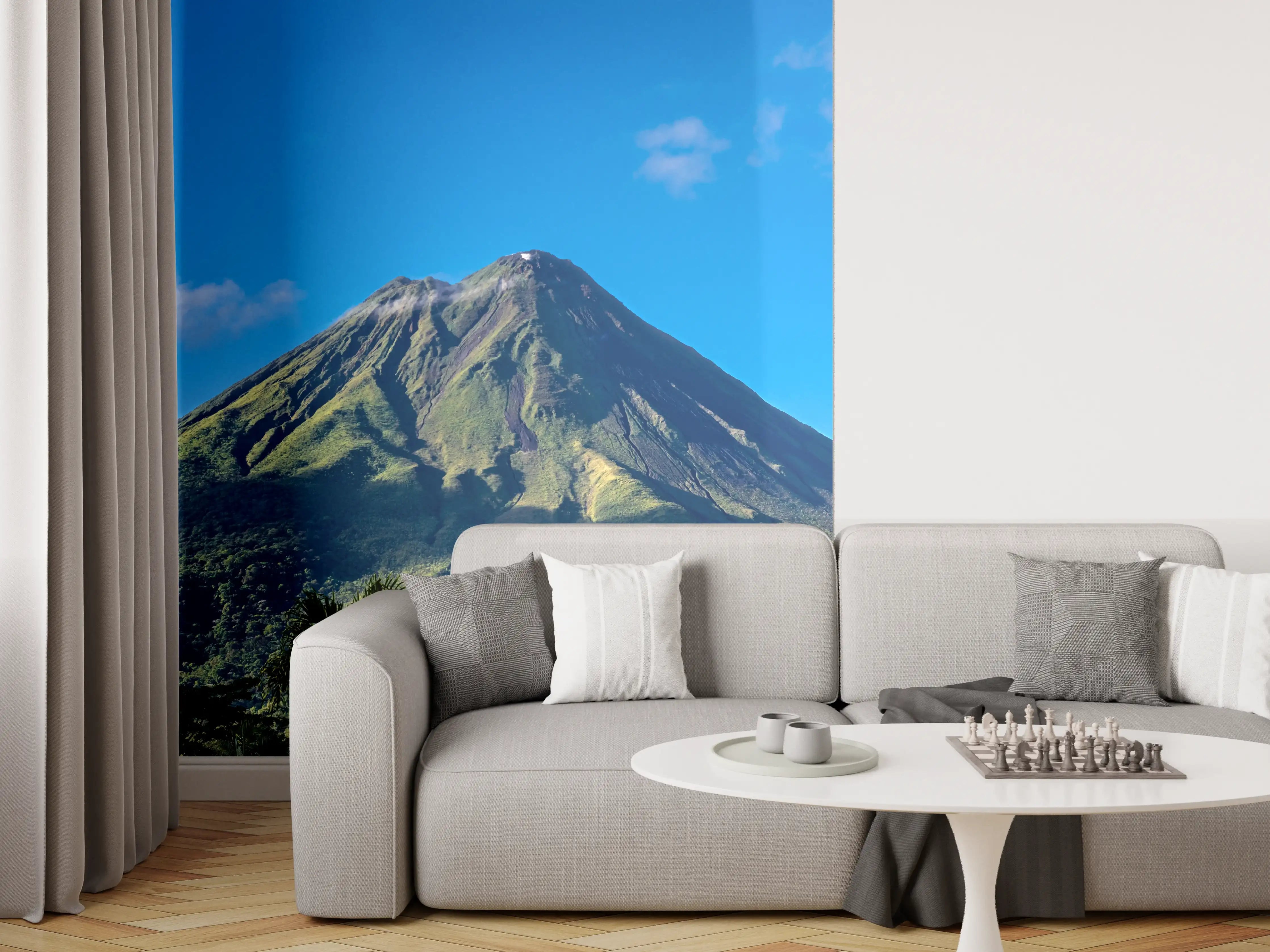 Wandverkleidung Wohnzimmer - Berglandschaft mit Vulkan und blauer Himmel