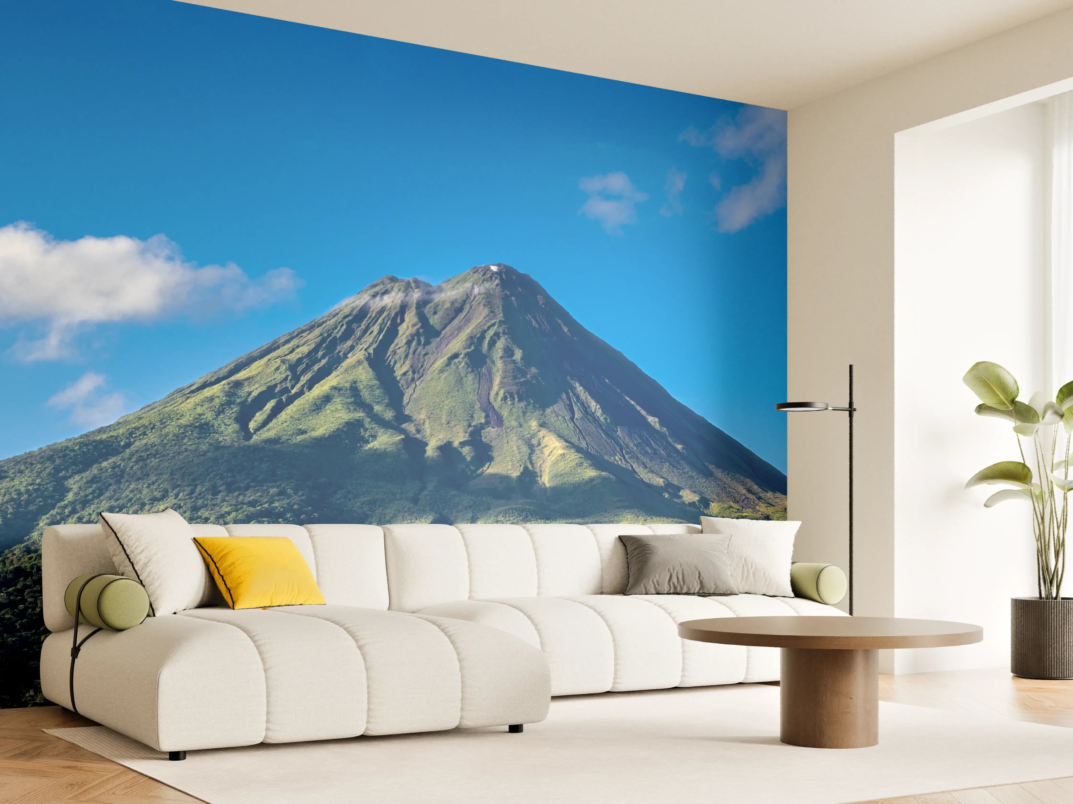 Wandverkleidung Wohnzimmer - Berglandschaft mit Vulkan und blauer Himmel