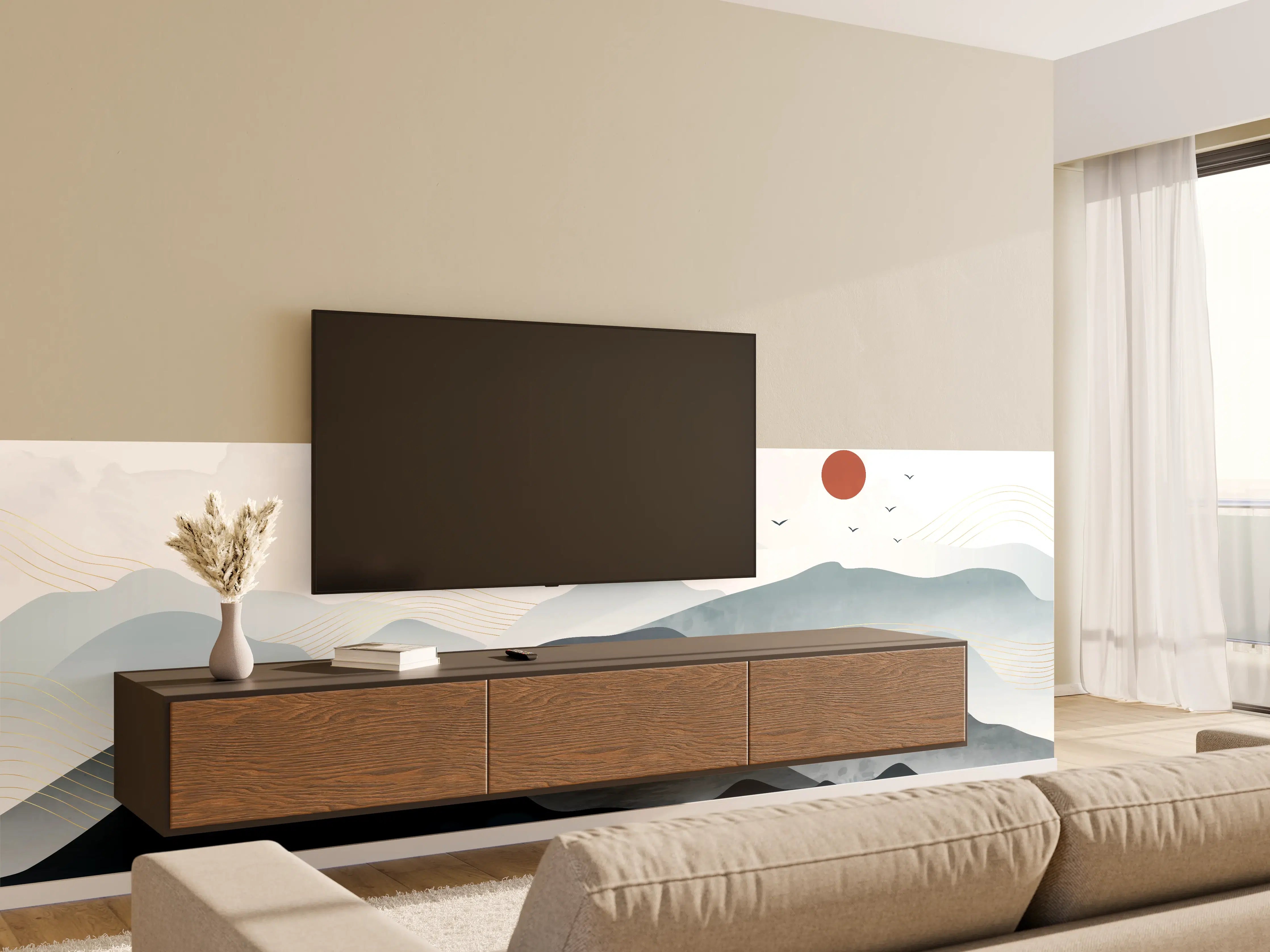 Wandverkleidung Wohnzimmer - Berglandschaft mit roter Sonne