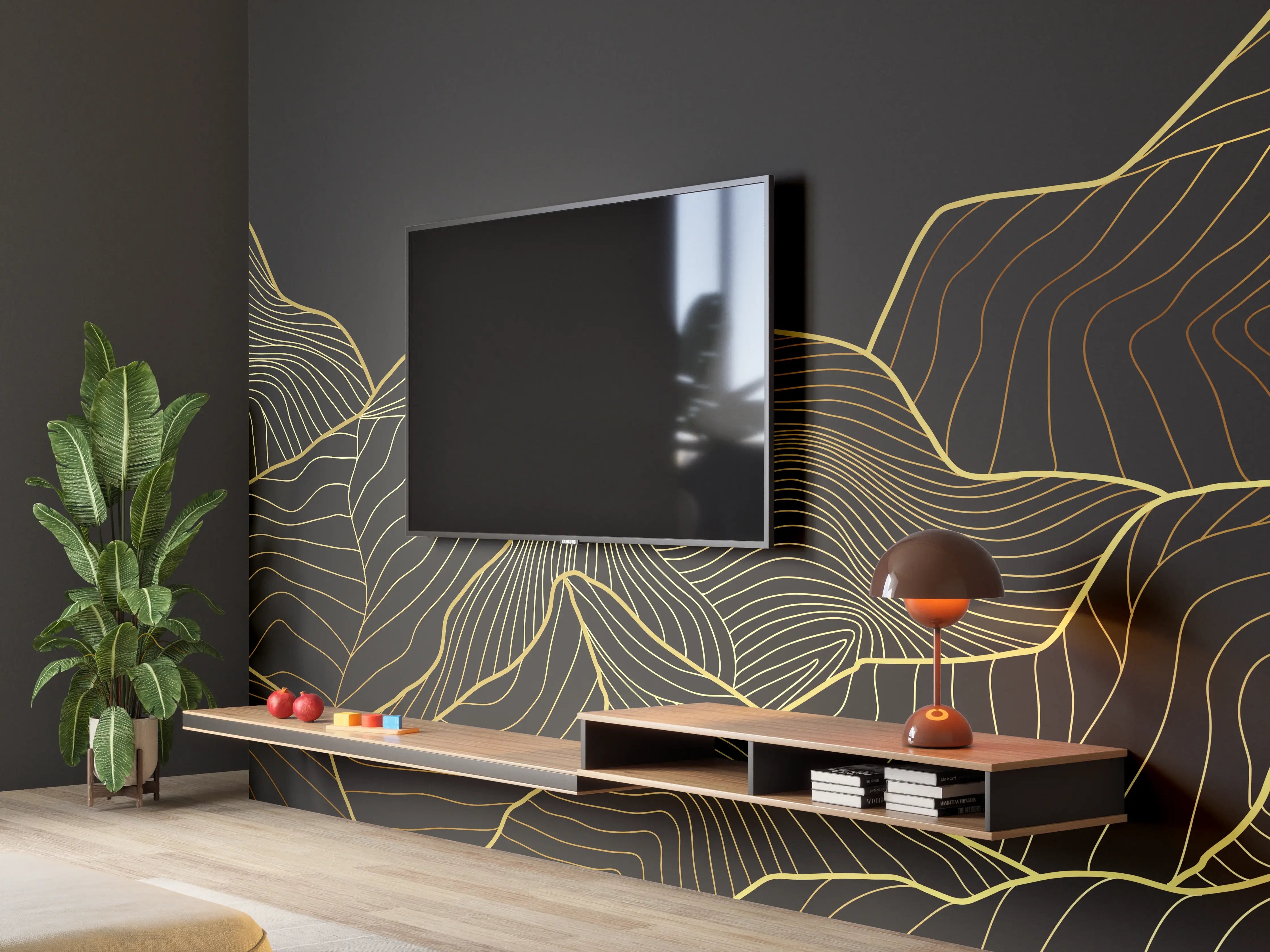 Wandverkleidung Wohnzimmer - Berglinien Gold Schwarz