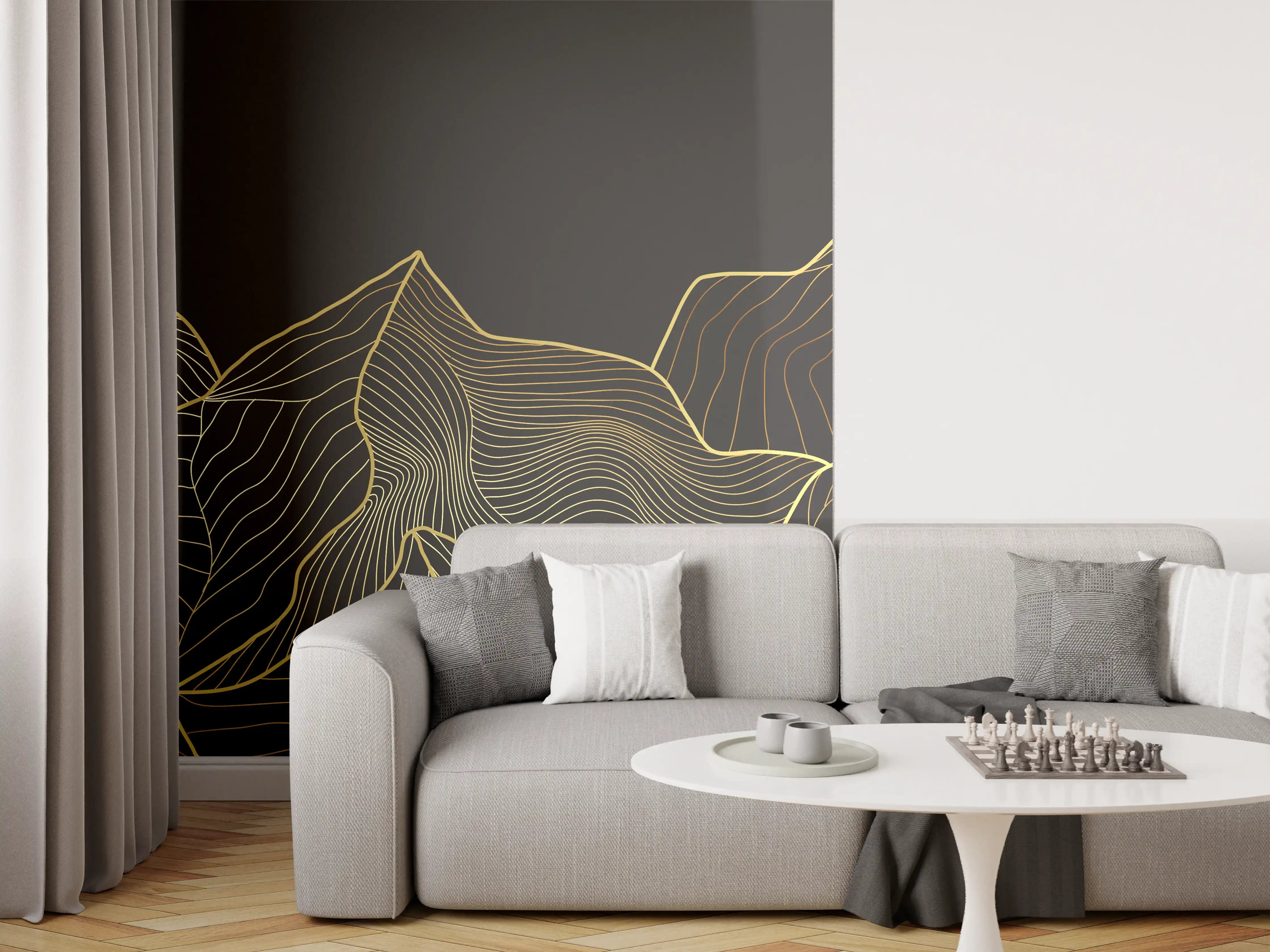 Wandverkleidung Wohnzimmer - Berglinien Gold Schwarz