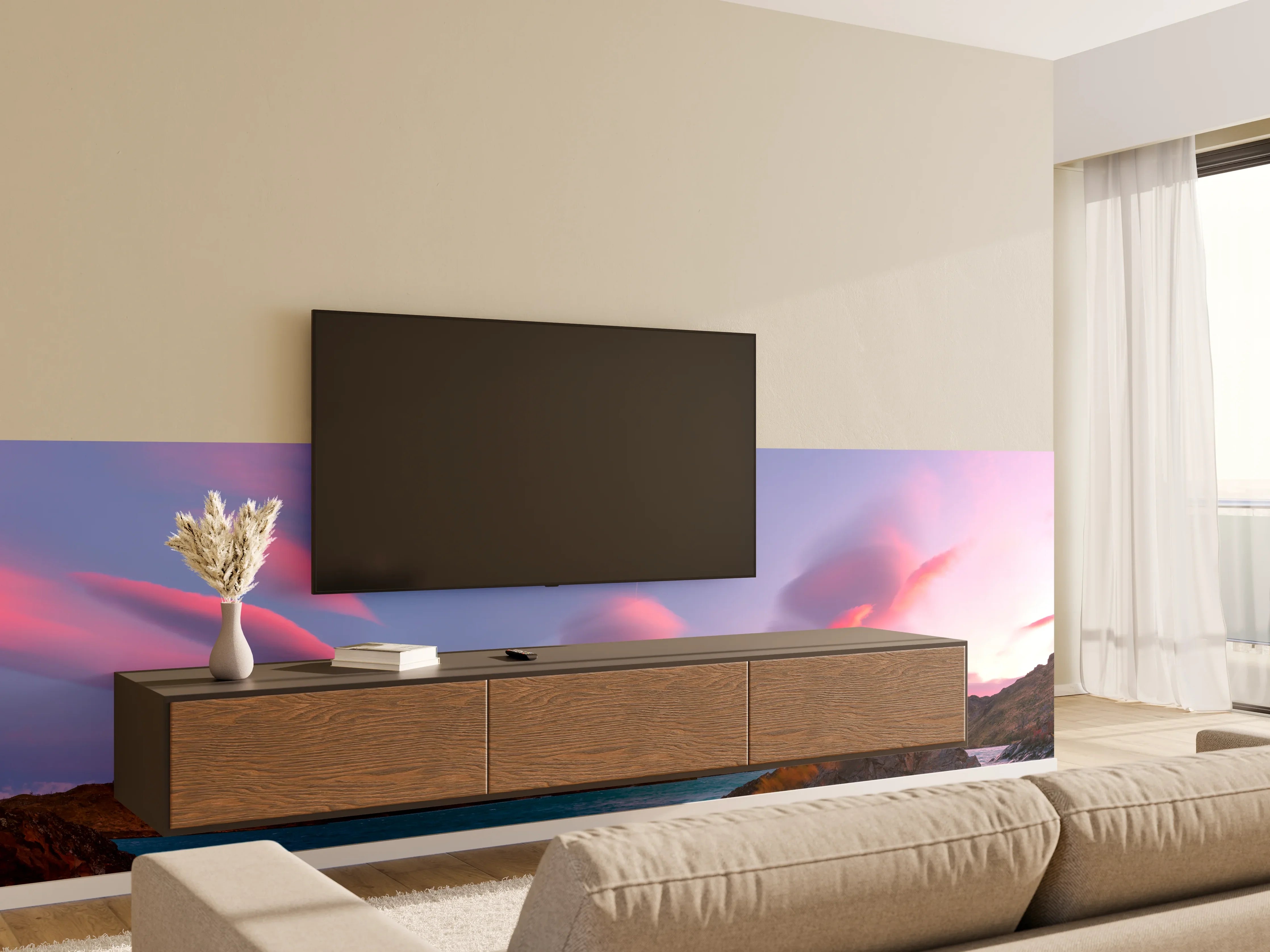 Wandverkleidung Wohnzimmer - Bergpanorama im rosa Sonnenuntergang