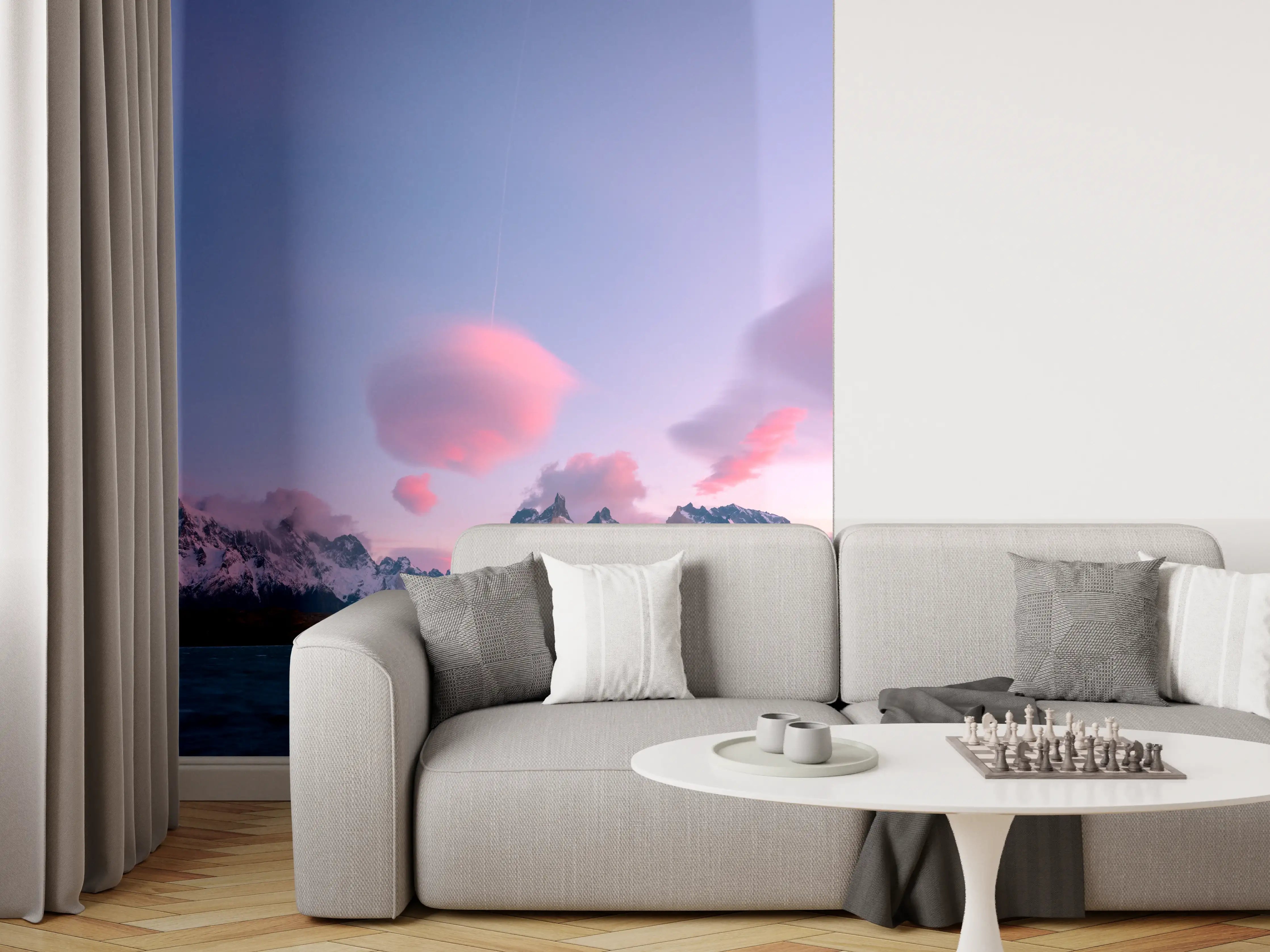 Wandverkleidung Wohnzimmer - Bergpanorama im rosa Sonnenuntergang