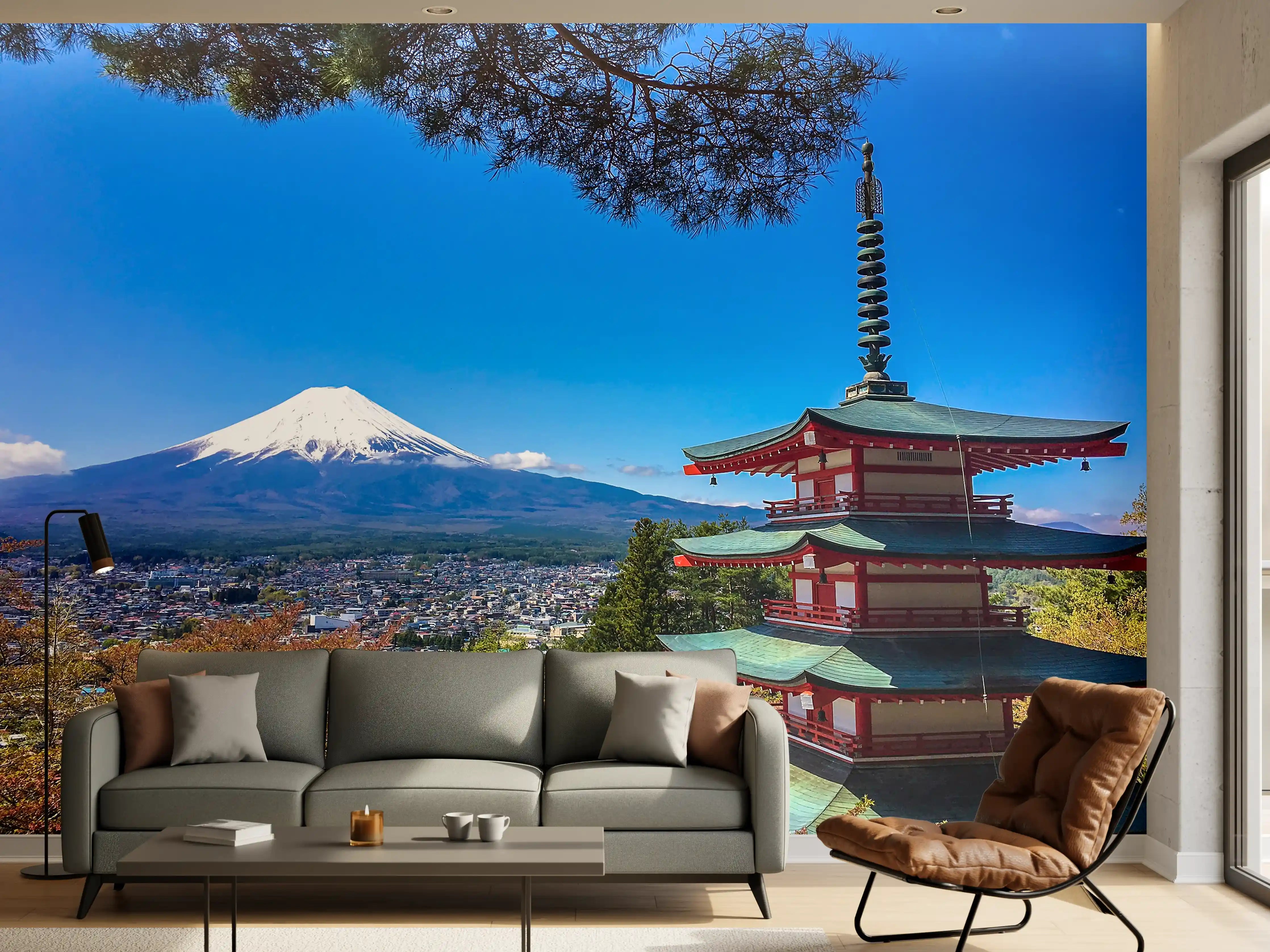 Wandverkleidung Wohnzimmer - Bergpanorama mit traditioneller Pagode