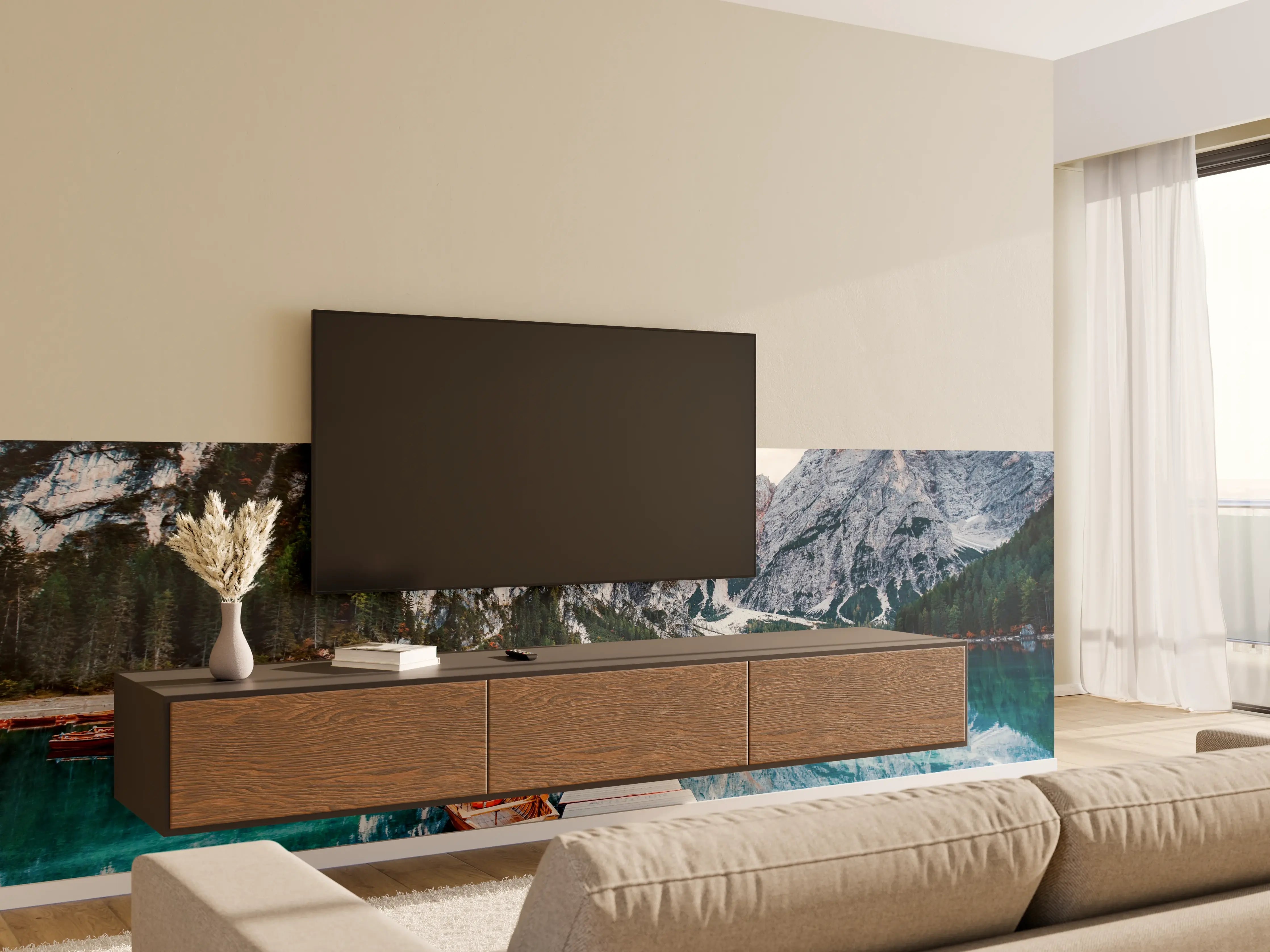 Wandverkleidung Wohnzimmer - Bergsee mit Booten und Gipfeln