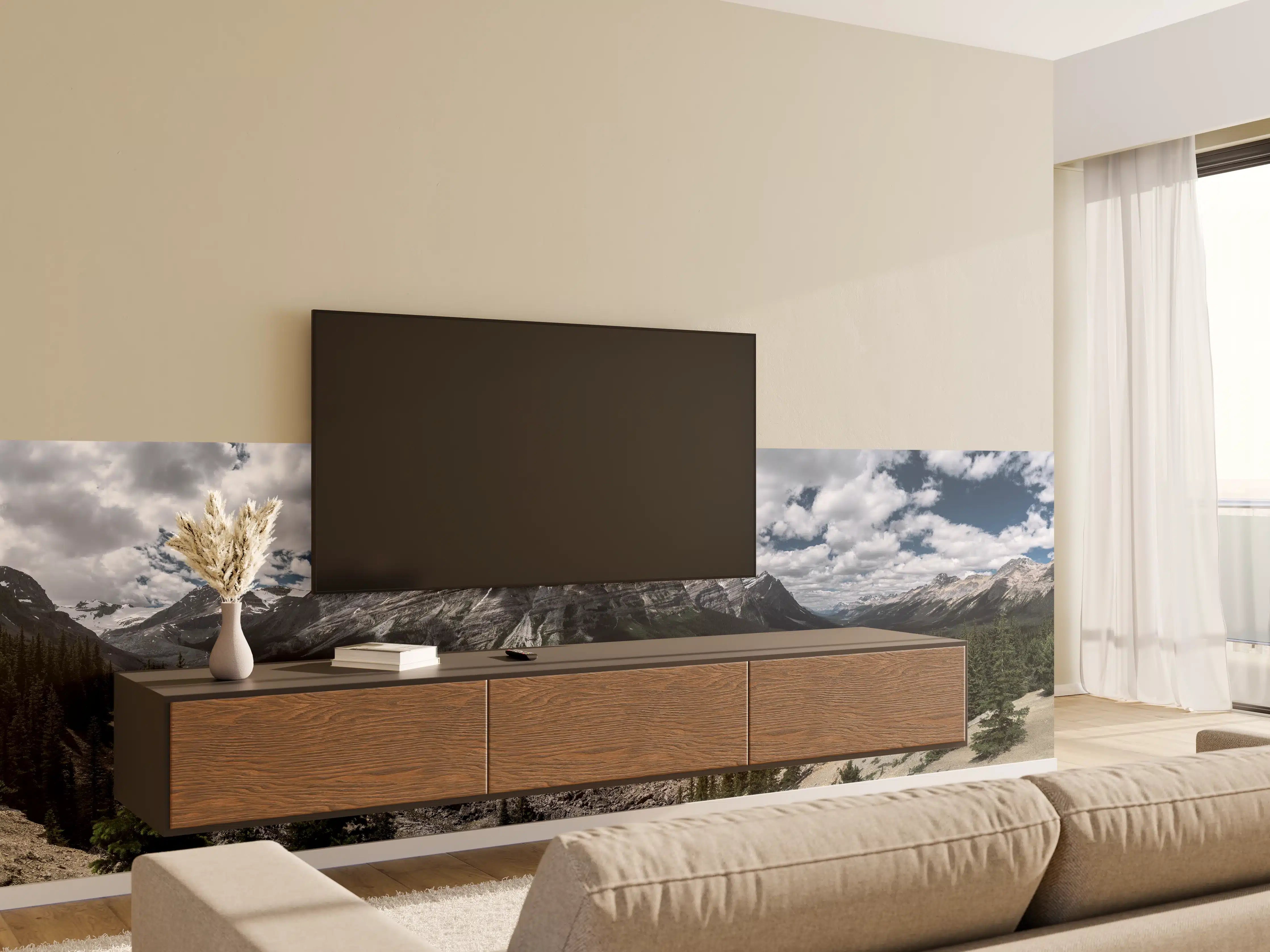 Wandverkleidung Wohnzimmer - Bergsee mit türkisfarbenem Wasser und Wolkenhimmel