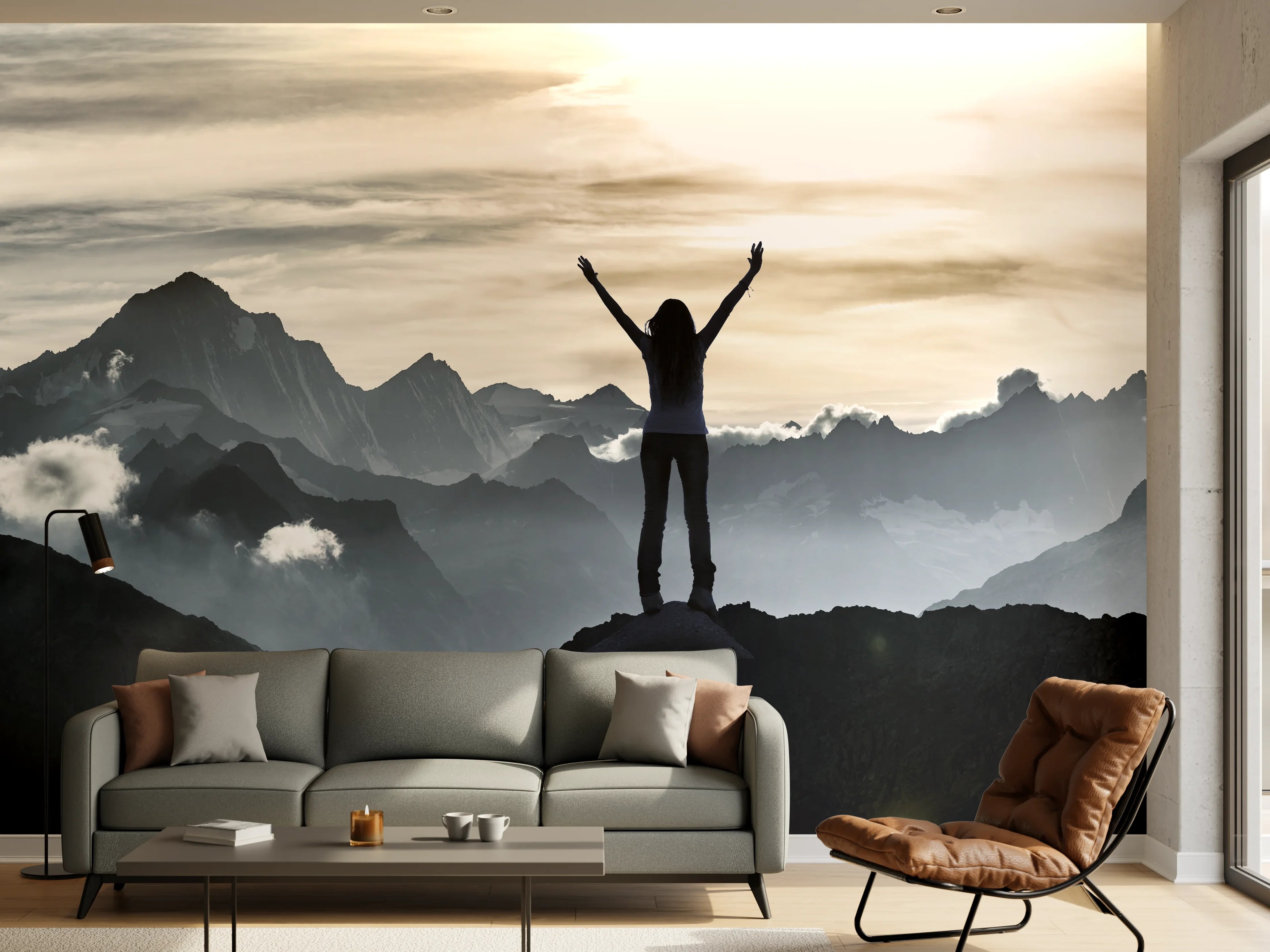 Wandverkleidung Wohnzimmer - Bergsteigerin am Gipfel