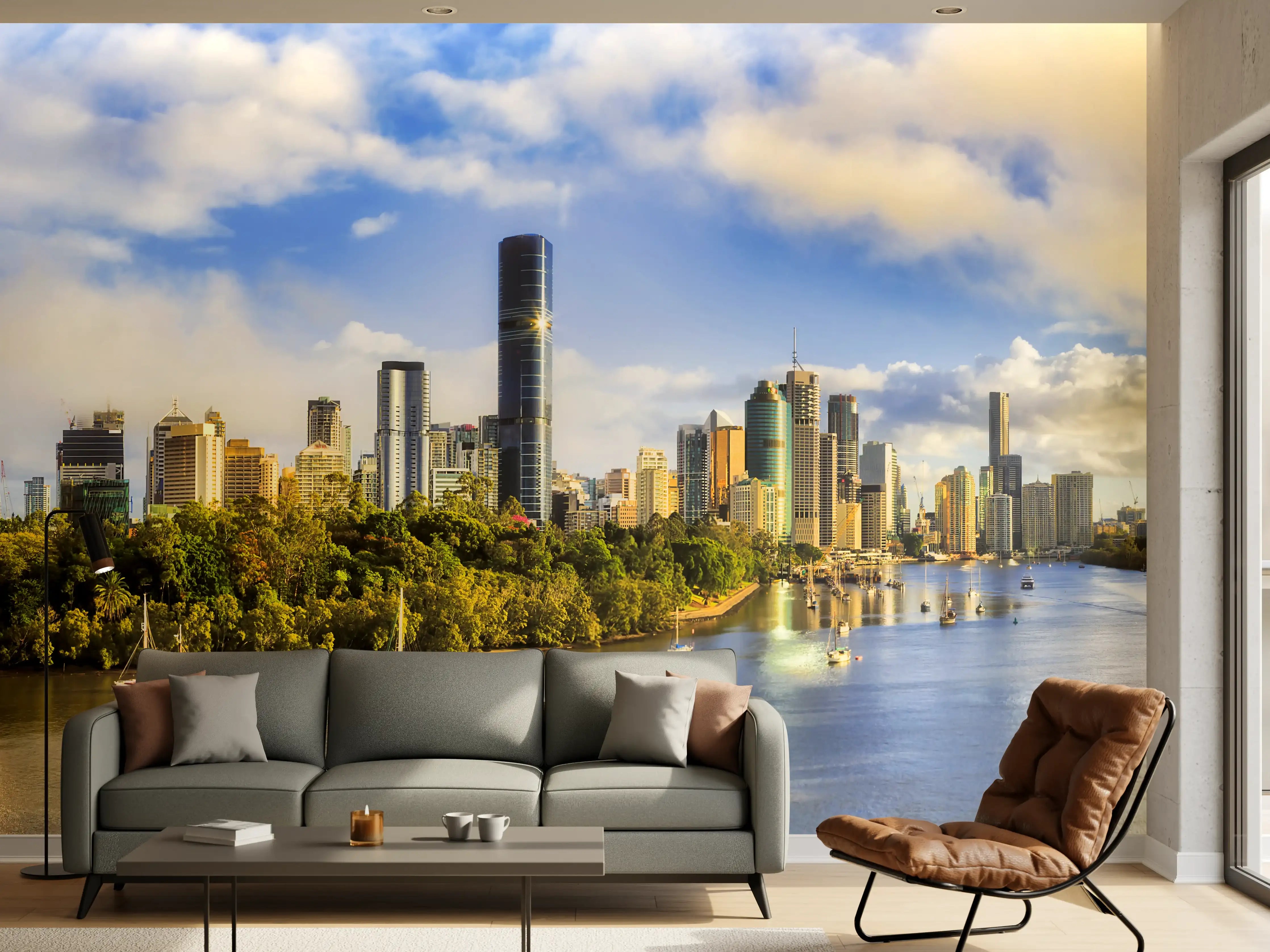 Wandverkleidung Wohnzimmer - Berühmte Skyline mit Fluss und moderner Architektur