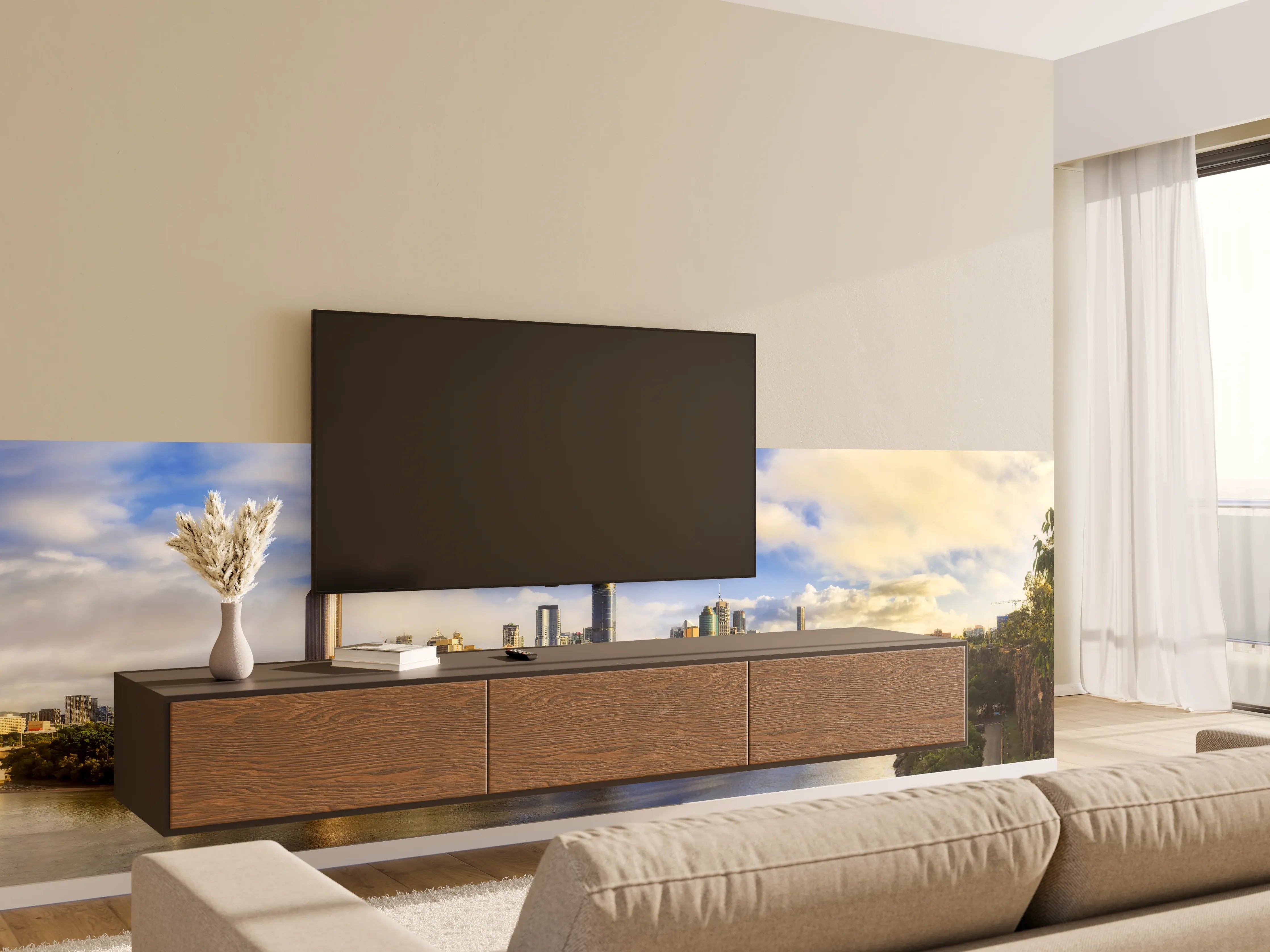 Wandverkleidung Wohnzimmer - Berühmte Skyline mit Fluss und moderner Architektur