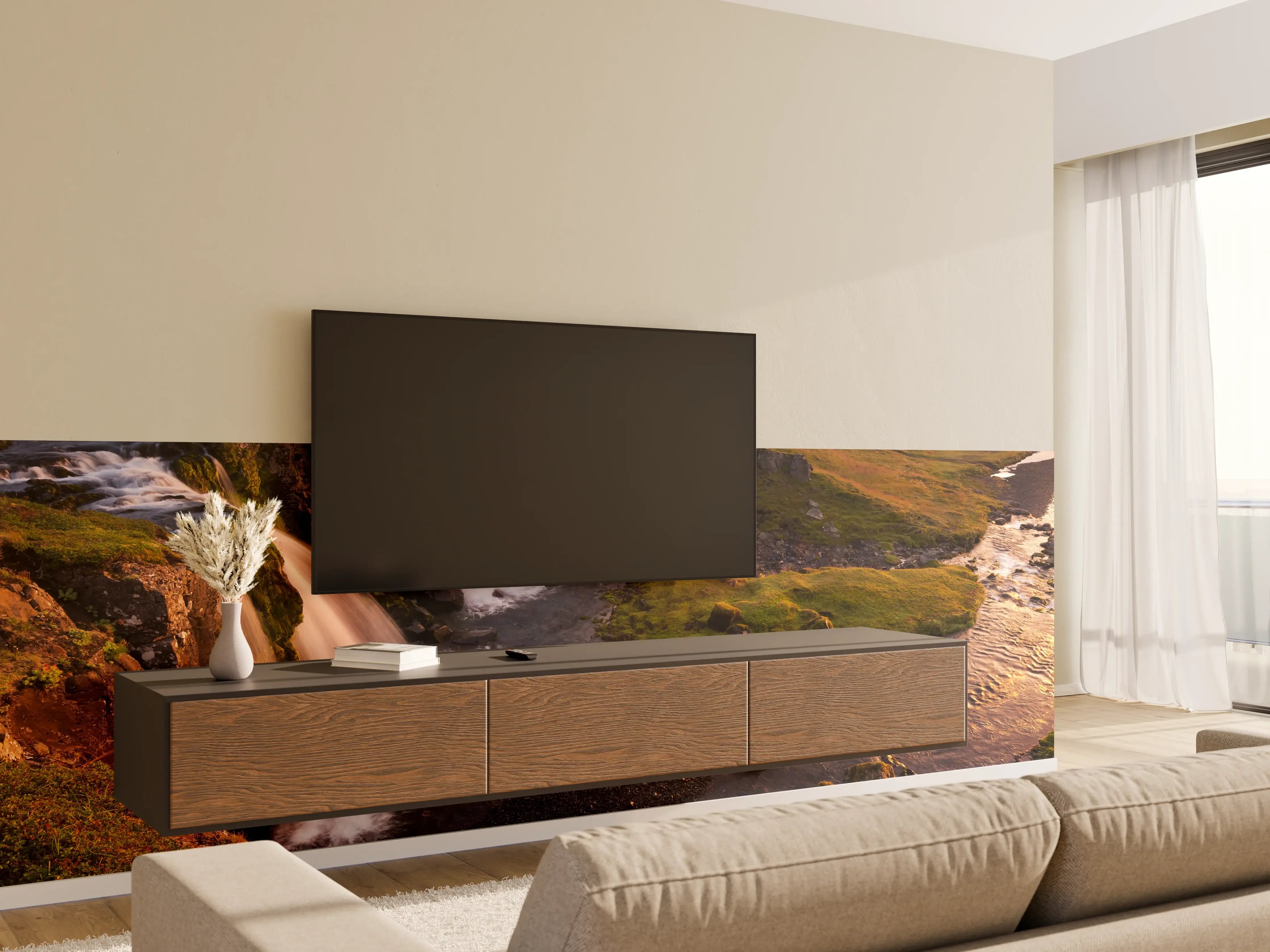 Wandverkleidung Wohnzimmer - Berühmte isländische Landschaft mit Wasserfall und Vulkan