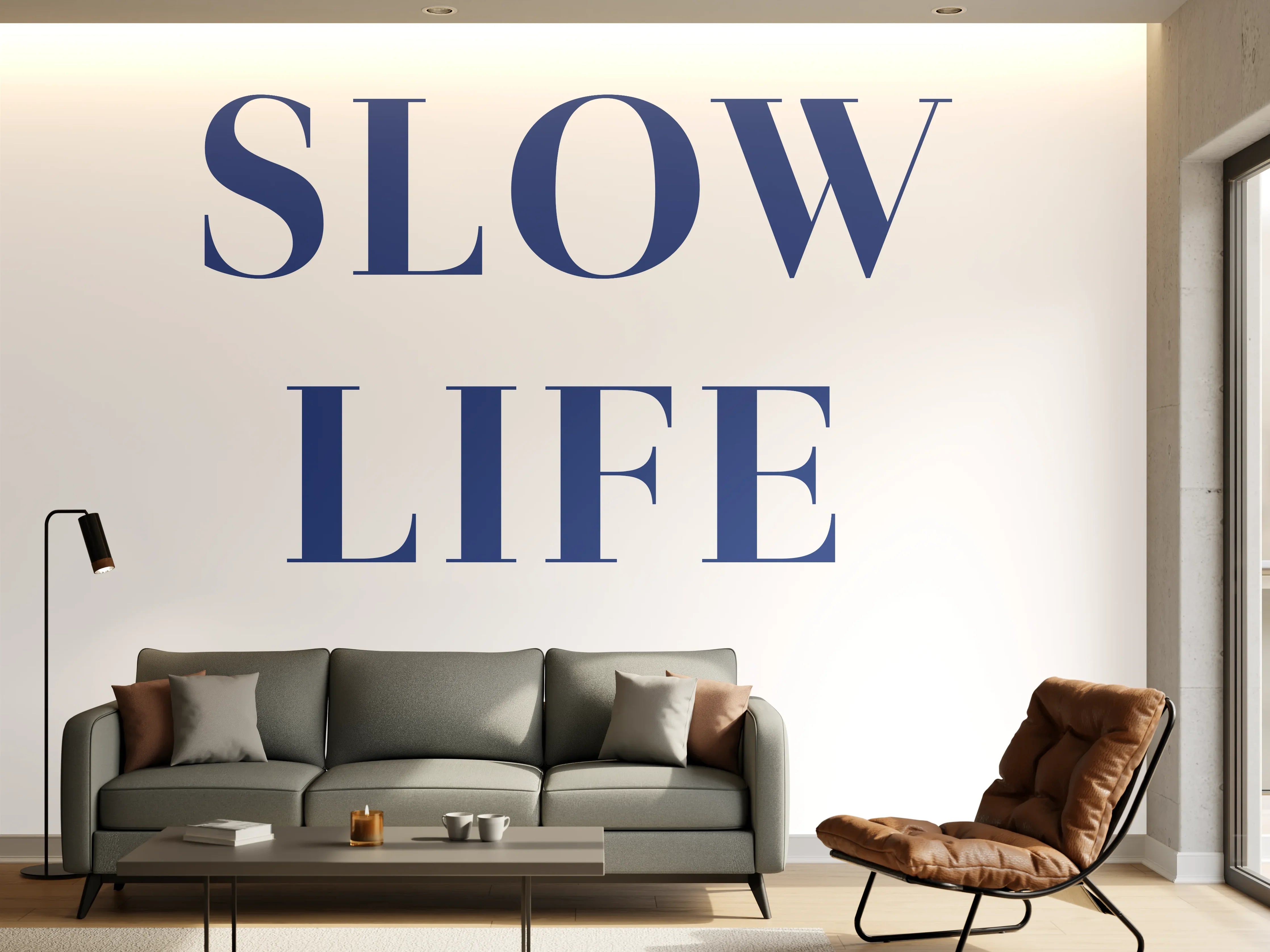 Wandverkleidung Wohnzimmer - Beruhigender Slogan in Blau
