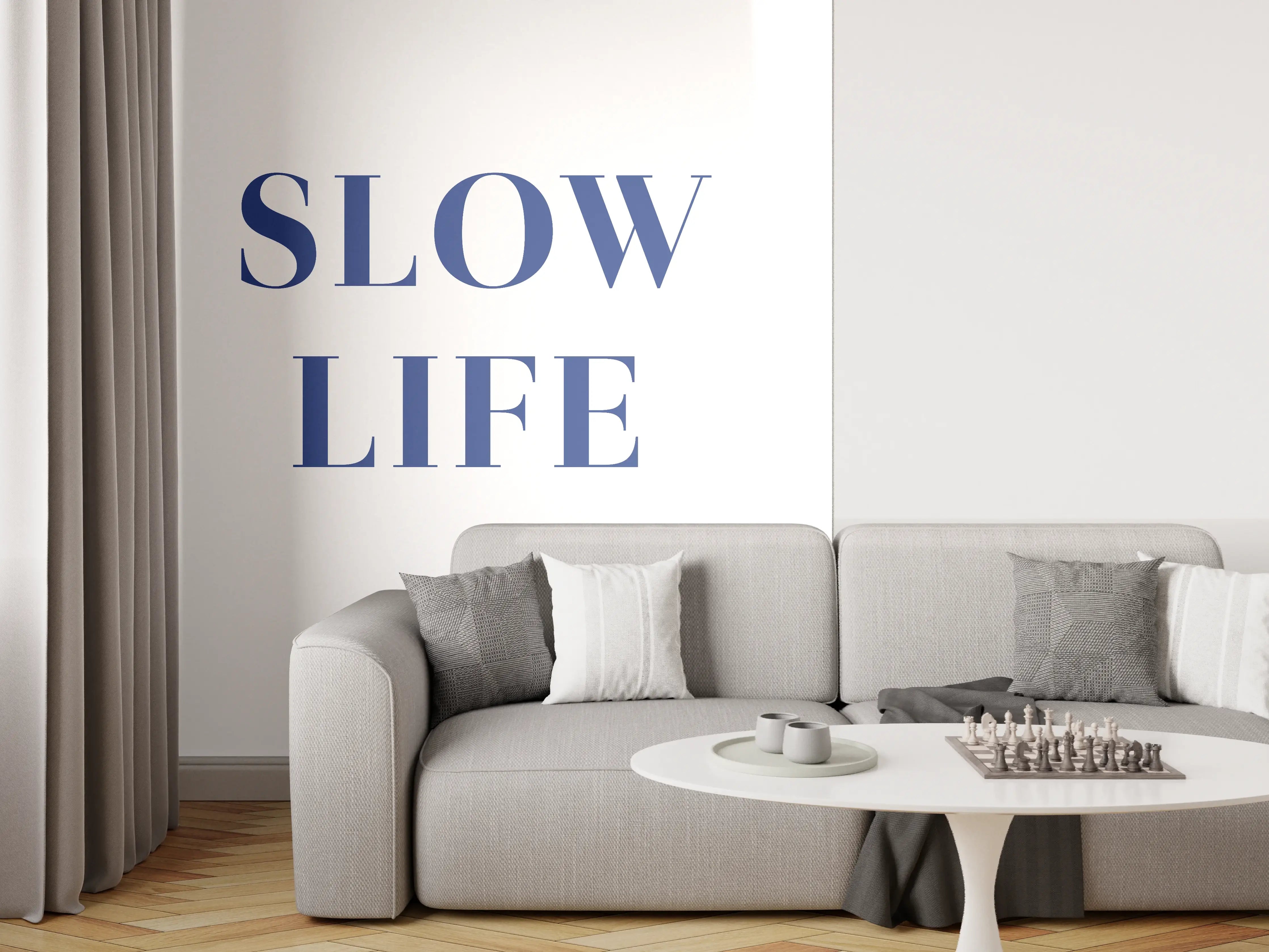 Wandverkleidung Wohnzimmer - Beruhigender Slogan in Blau