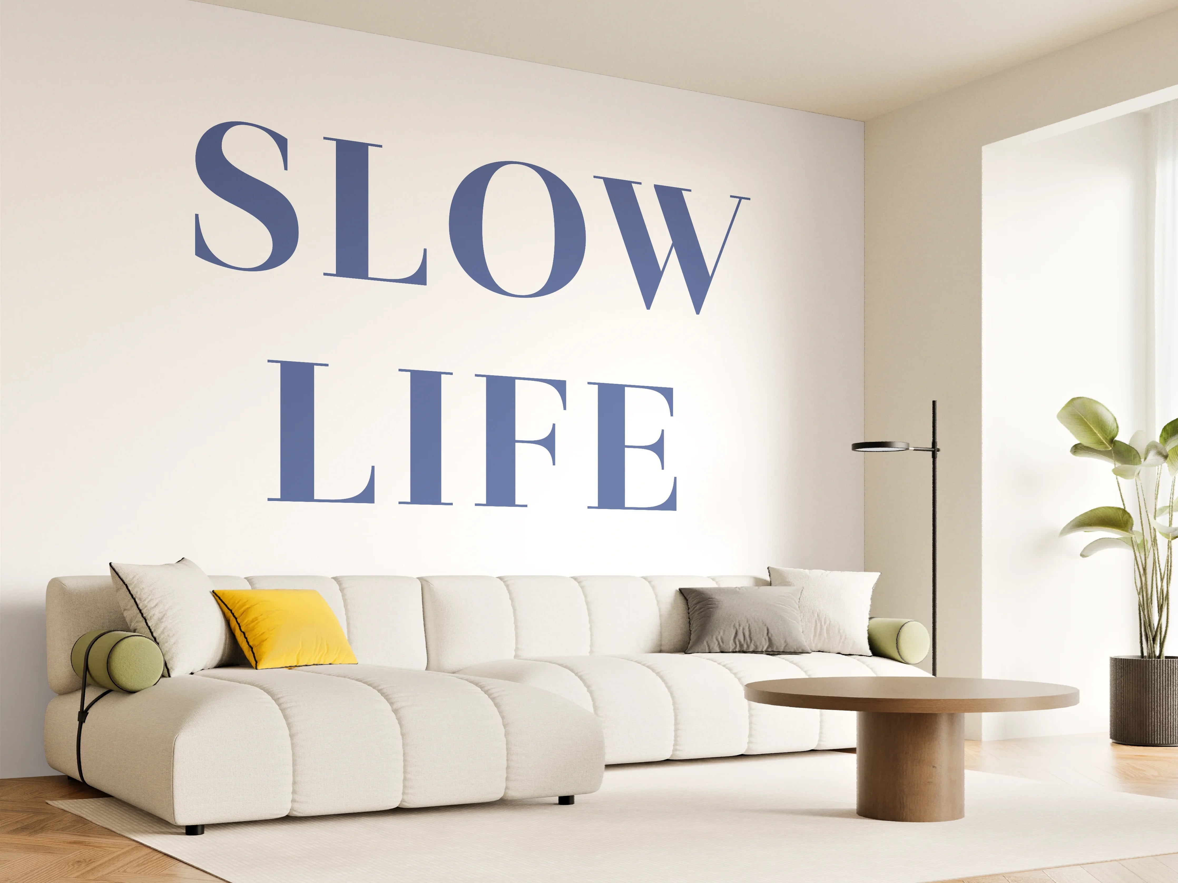 Wandverkleidung Wohnzimmer - Beruhigender Slogan in Blau