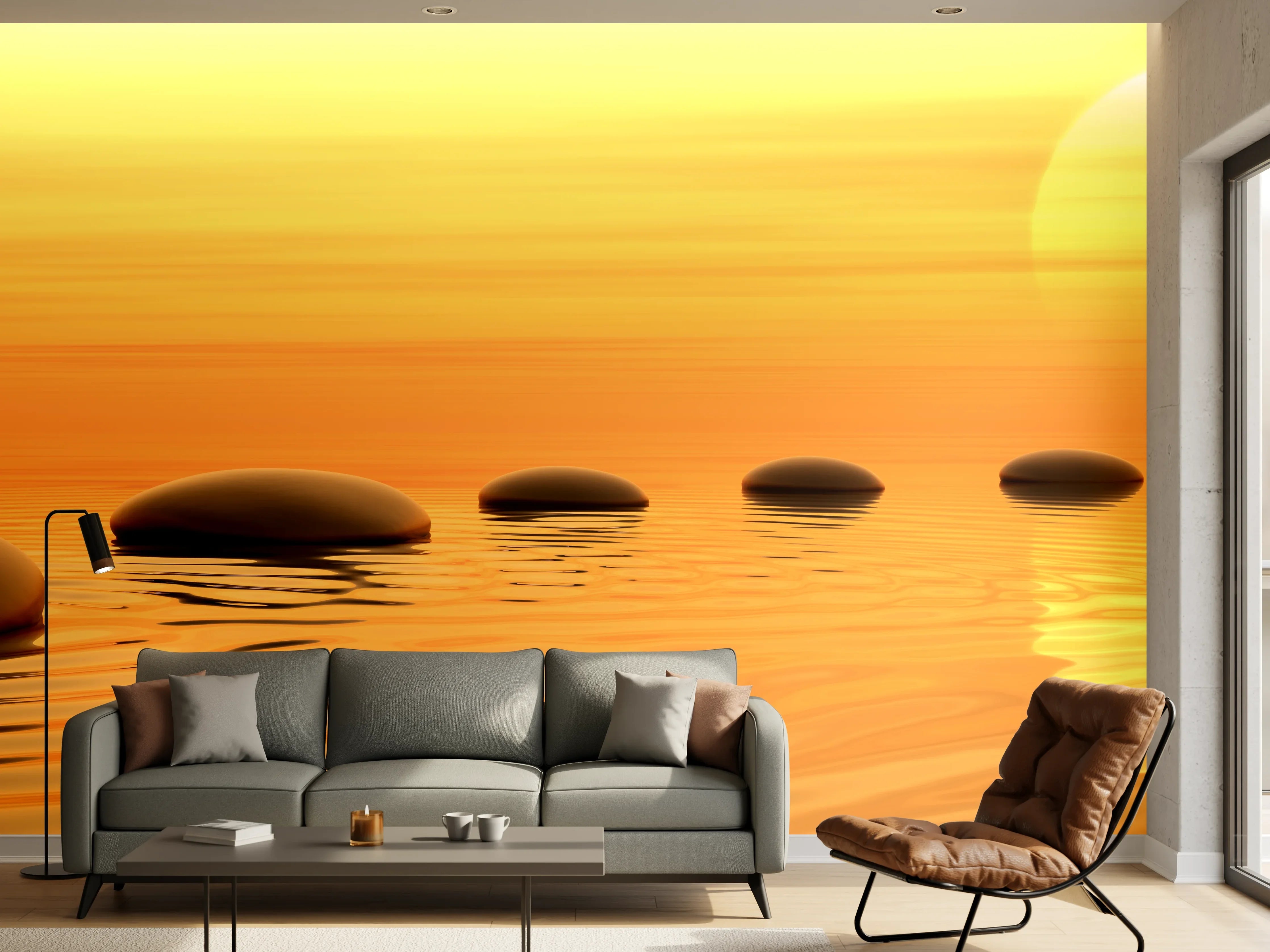 Wandverkleidung Wohnzimmer - Beruhigender Sonnenuntergang mit Steinen am Wasser